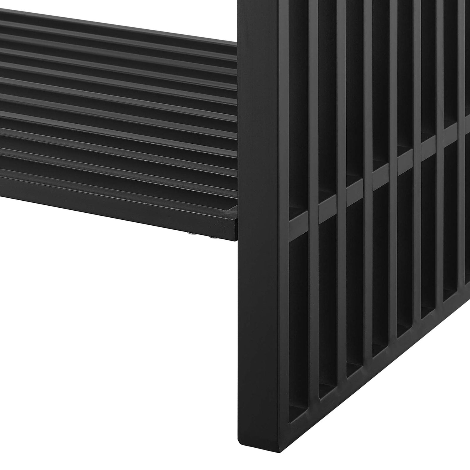 Matte black corner and slatted base detail || EEI-6110-WHI-BLK || leg_studio