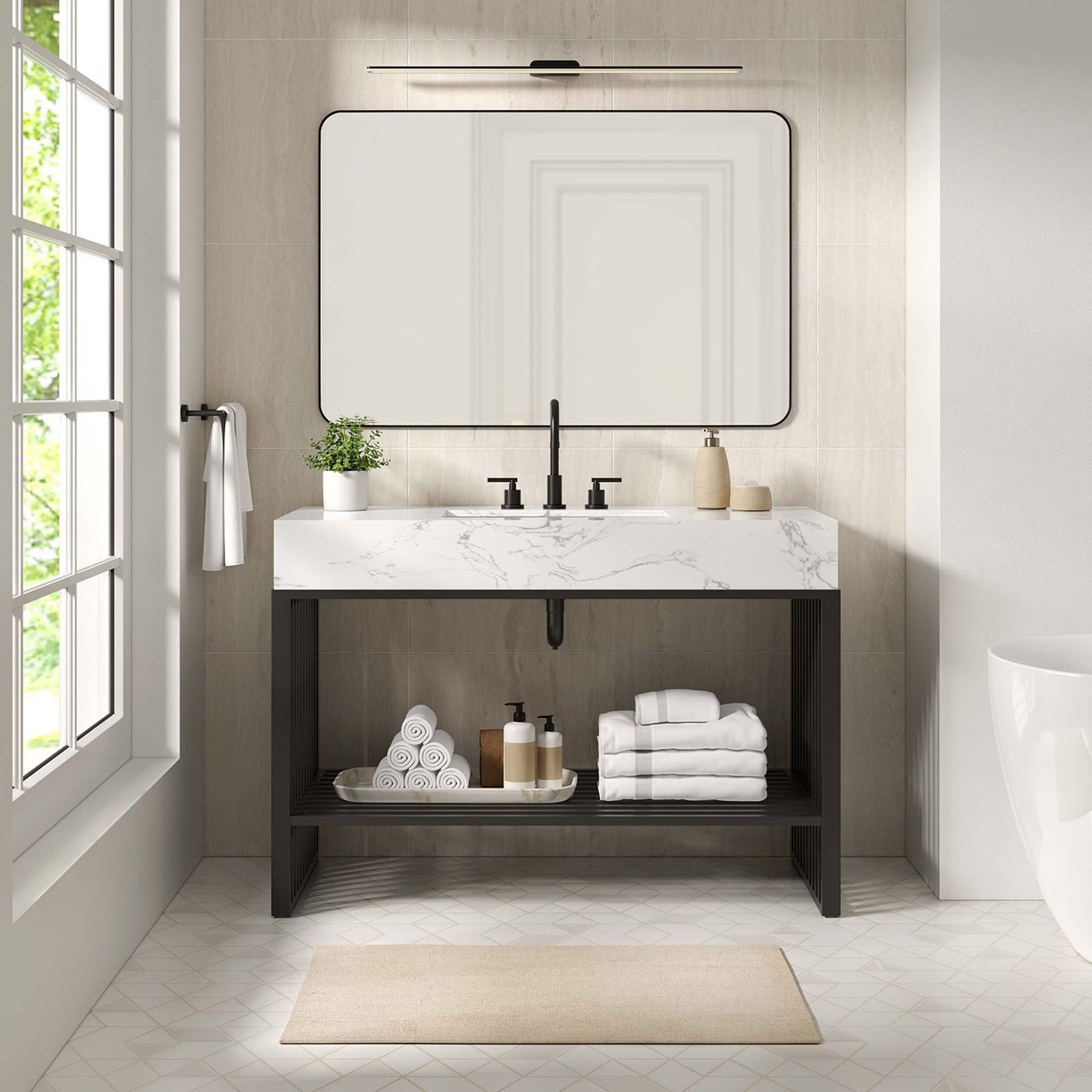 Open-frame vanity with marble-look top styled in a contemporary bathroom || EEI-6110-WHI-BLK || front_room