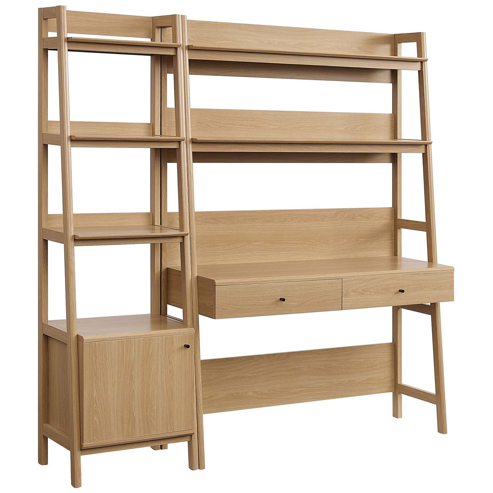 Streamlined oak desk and ladder bookshelf with open shelves, cabinet base, and two slim drawers || EEI-6111-OAK || front_angle_studio