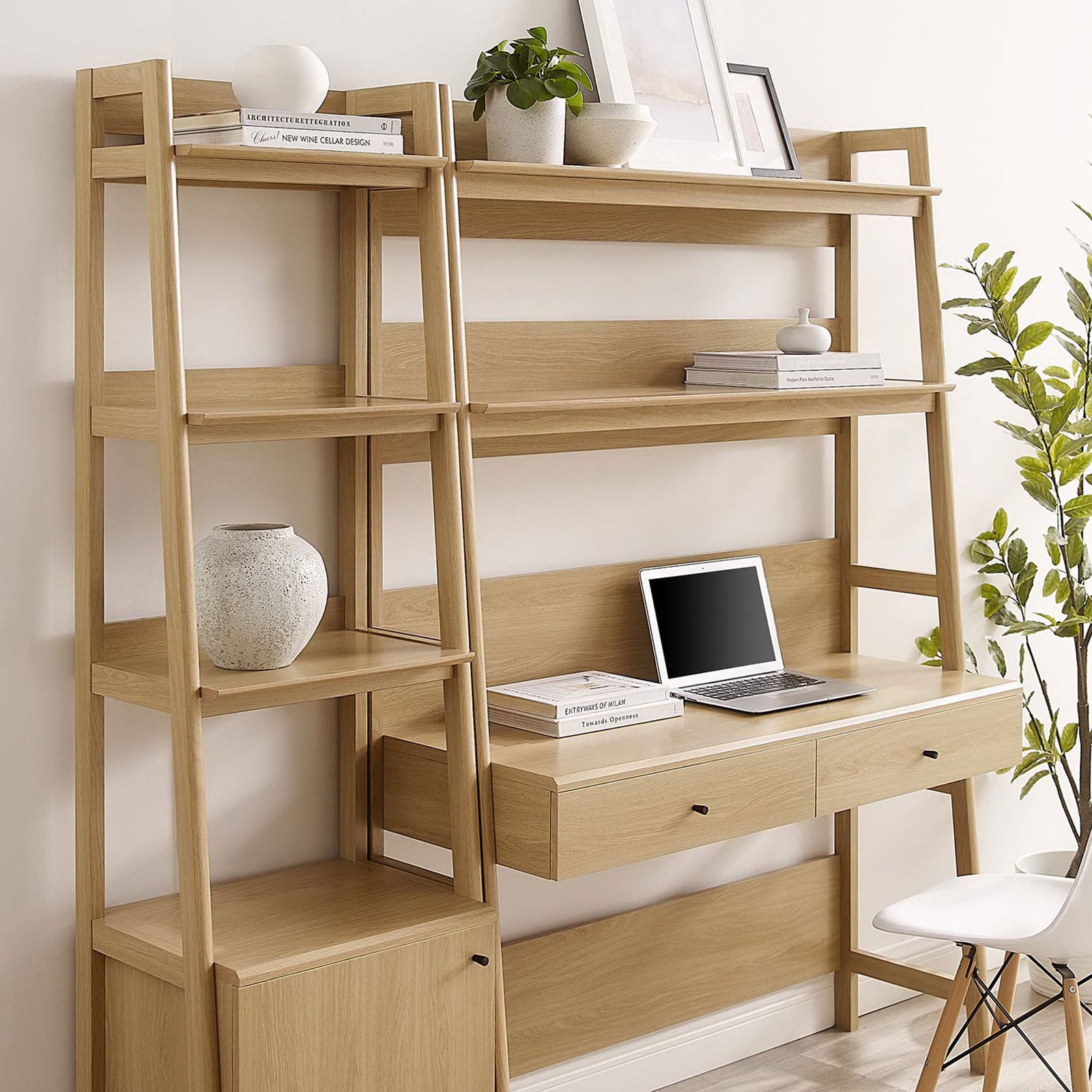 Warm oak finish lends a modern touch while open shelves and drawers keep essentials close at hand || EEI-6111-OAK || detail_room