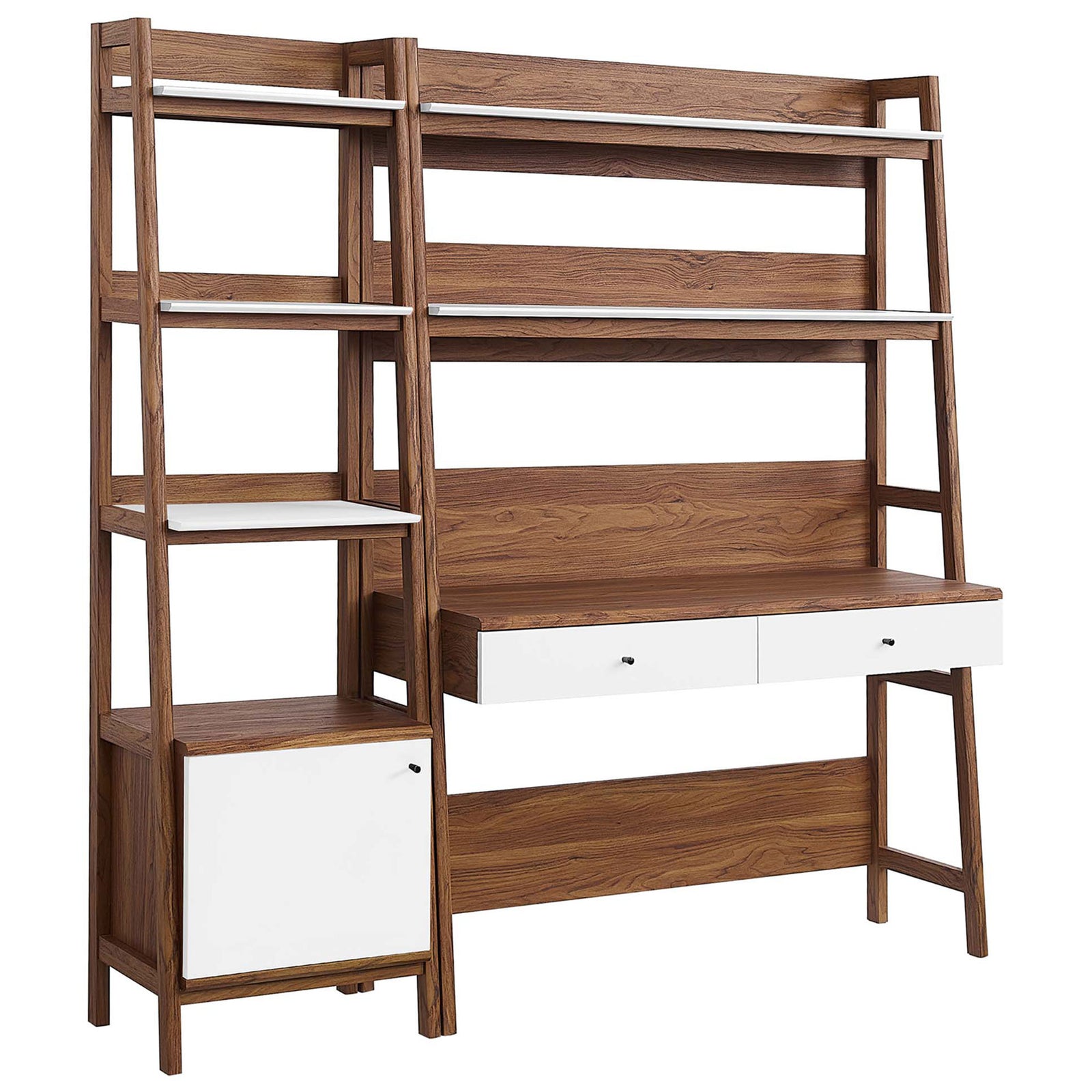 Space-saving office set with tiered shelves, integrated desk, and a lower cabinet for concealed storage || EEI-6111-WAL-WHI || front_angle_studio
