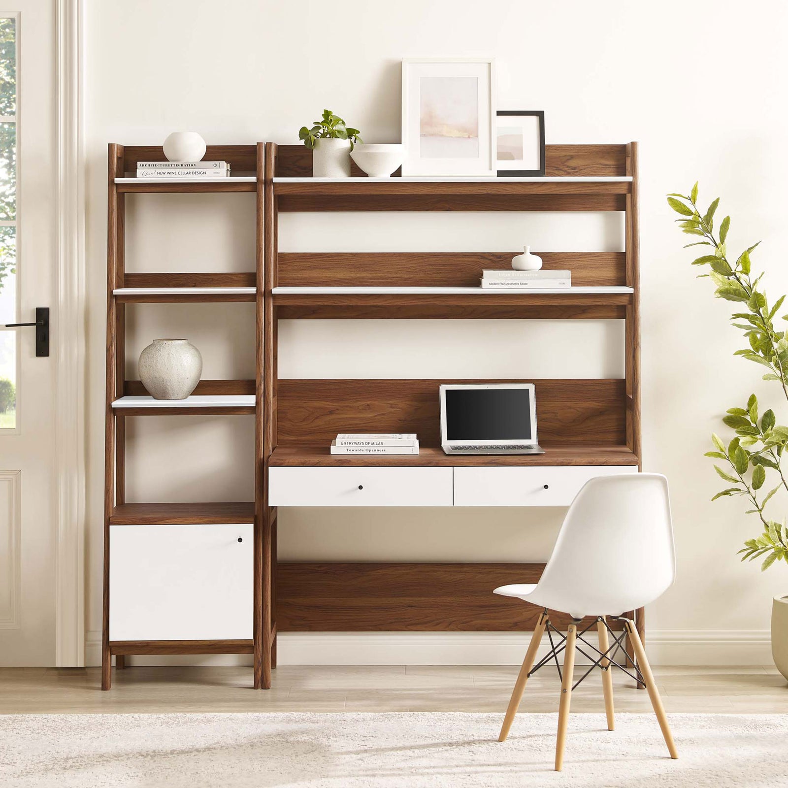 Generous shelving with a spacious writing desk and clean white-front drawers || EEI-6111-WAL-WHI || front_room