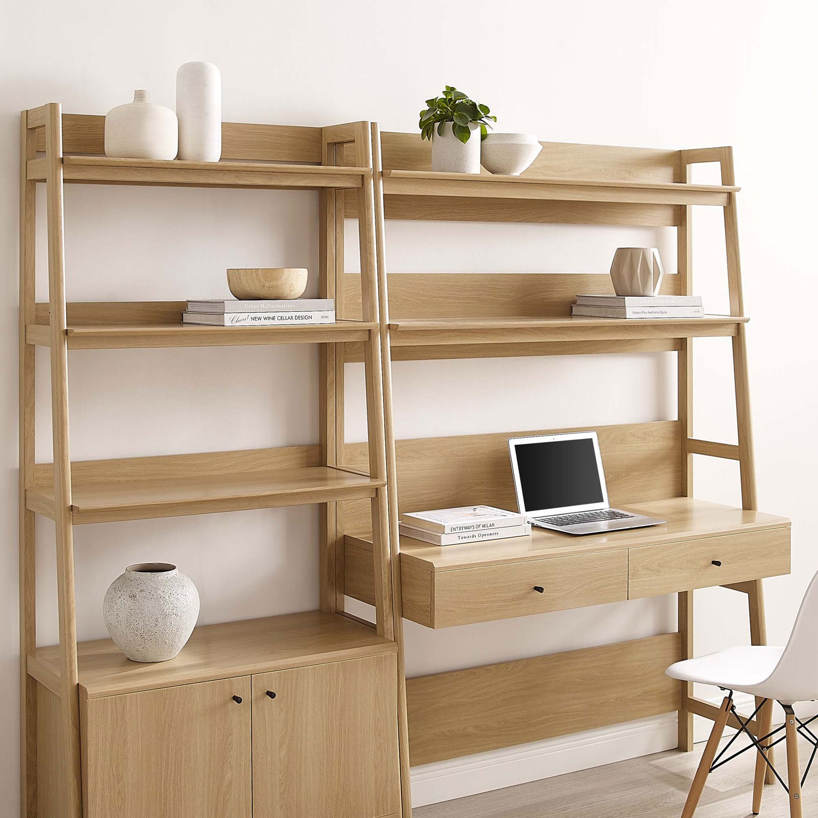 Modern oak workstation and bookcase showcasing airy shelves and clean lines for a calming workspace || EEI-6112-OAK || front_angle_room