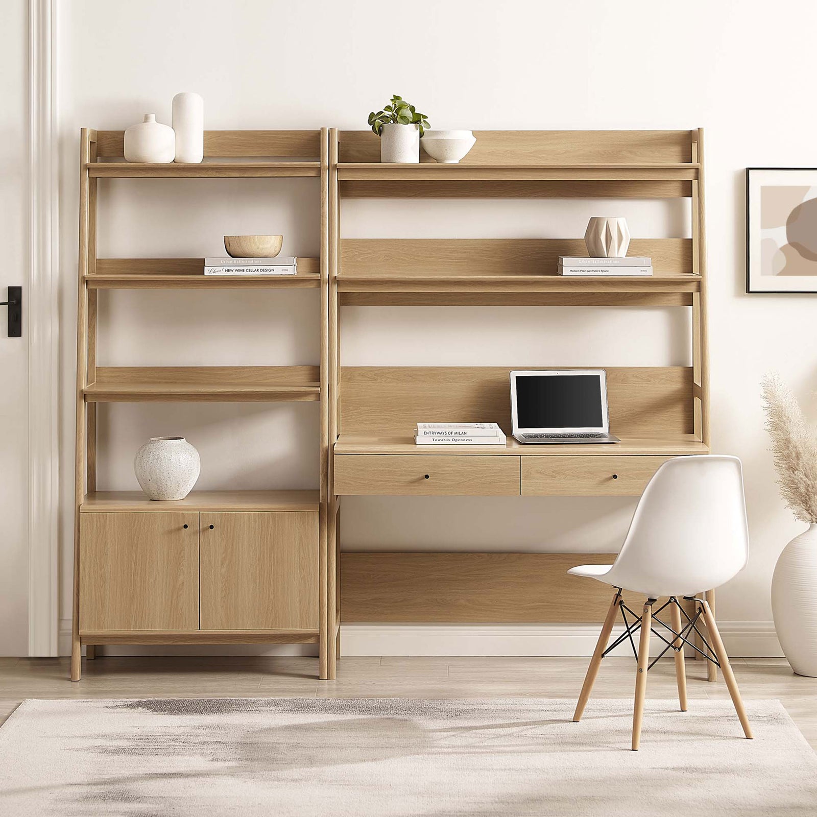 Warm oak desk and bookshelf set creates an inviting home office with open shelves and two drawers || EEI-6112-OAK || front_room