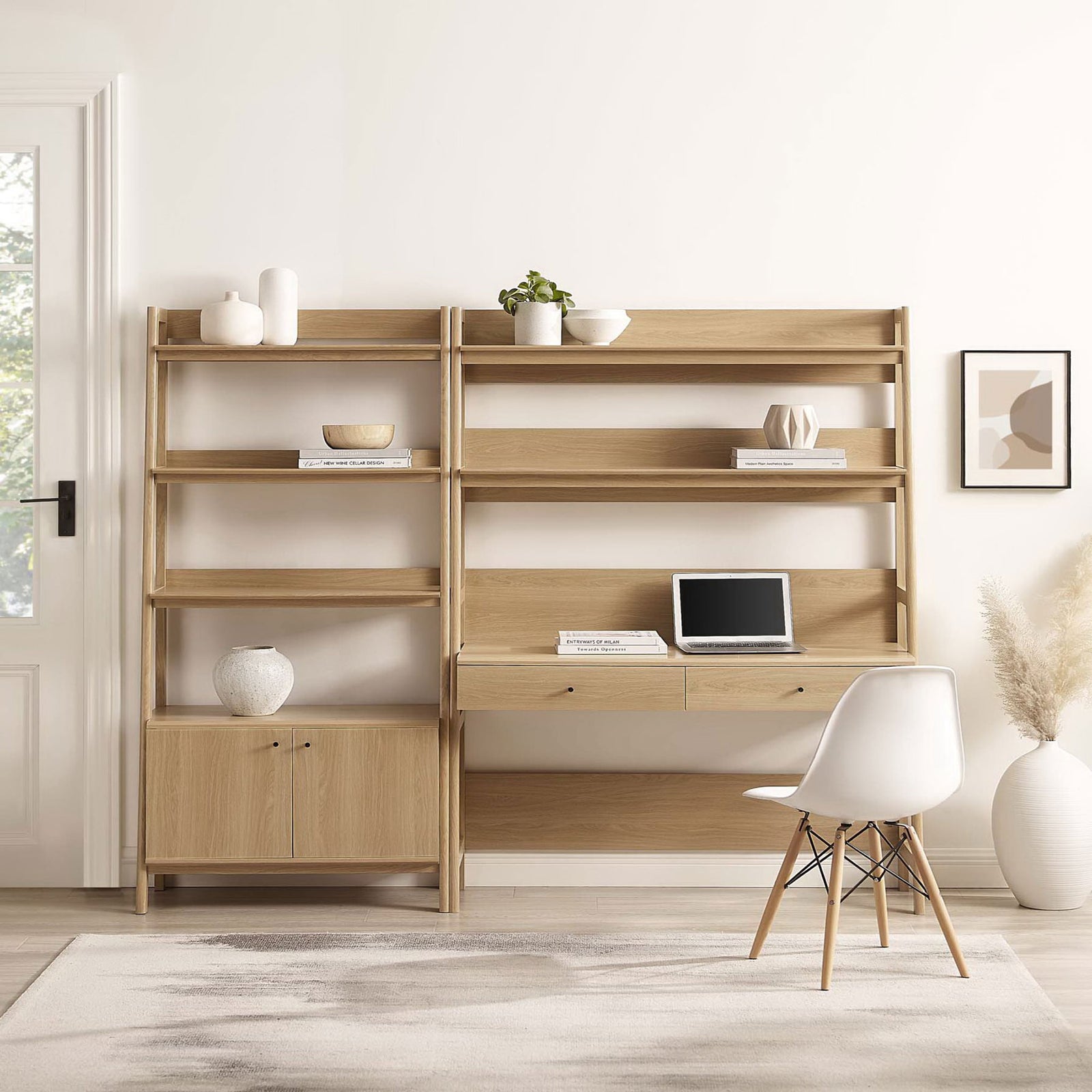 Oak finish adds natural texture to the ladder-style desk and bookcase with roomy shelves and drawers || EEI-6112-OAK || front_angle_room