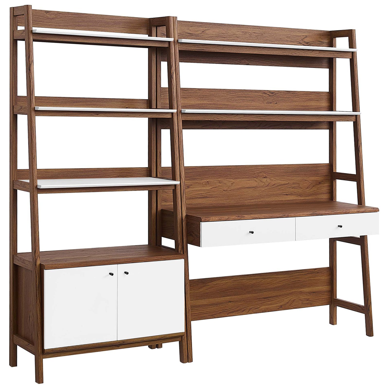 Tiered ladder-style frames showcase warm walnut grain, open shelves, and a compact desk with dual drawers. || EEI-6112-WAL-WHI || front_angle_studio