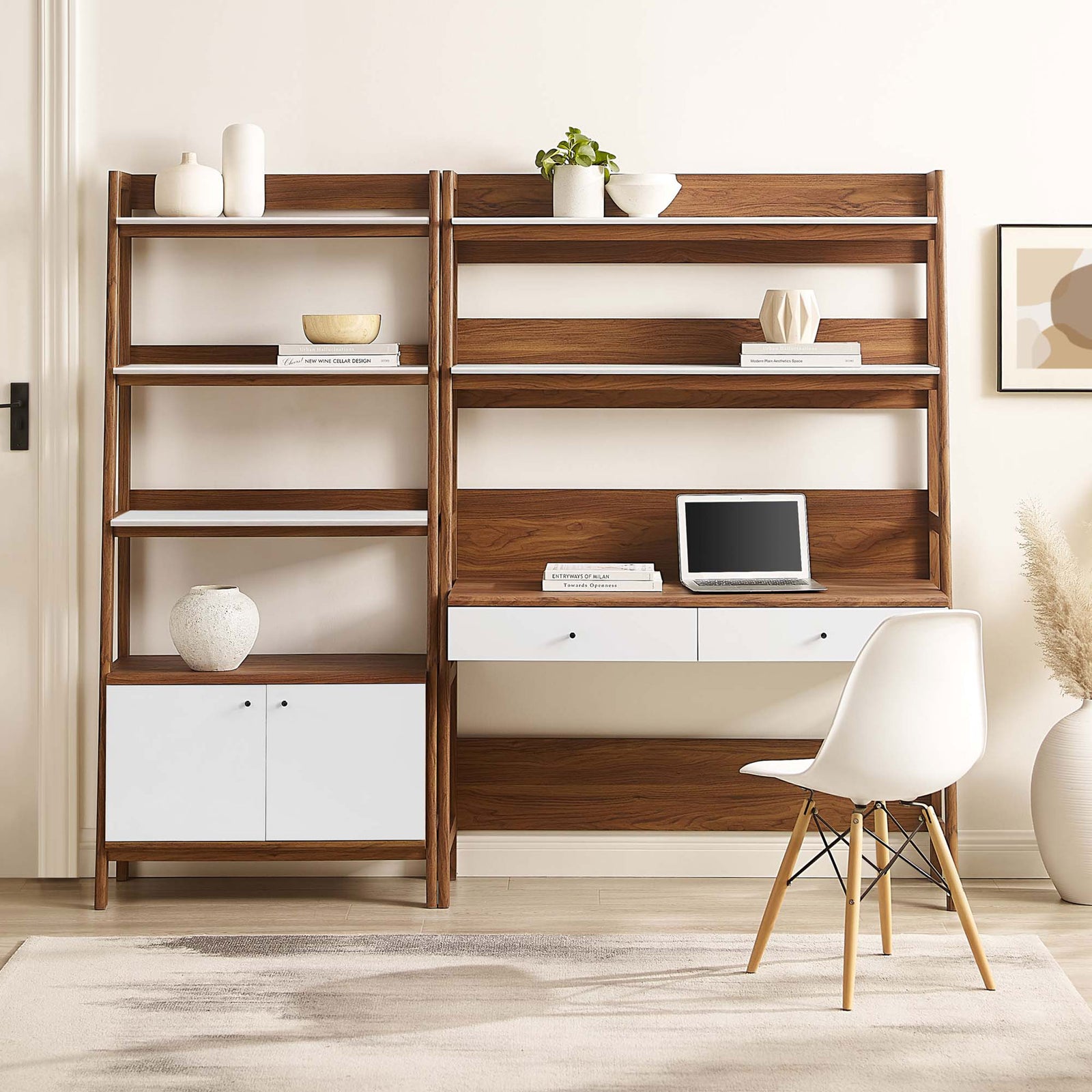 Modern two-piece desk and bookshelf anchor a clean workspace with display shelves and a concealed cabinet. || EEI-6112-WAL-WHI || front_room