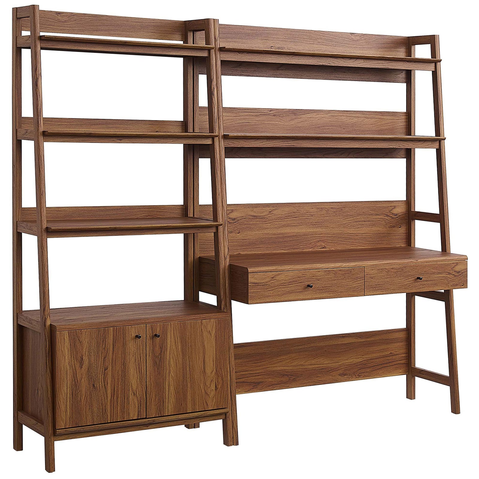 Streamlined walnut desk and bookshelf set with tiered shelves, two drawers, and a concealed cabinet. || EEI-6112-WAL || front_angle_studio