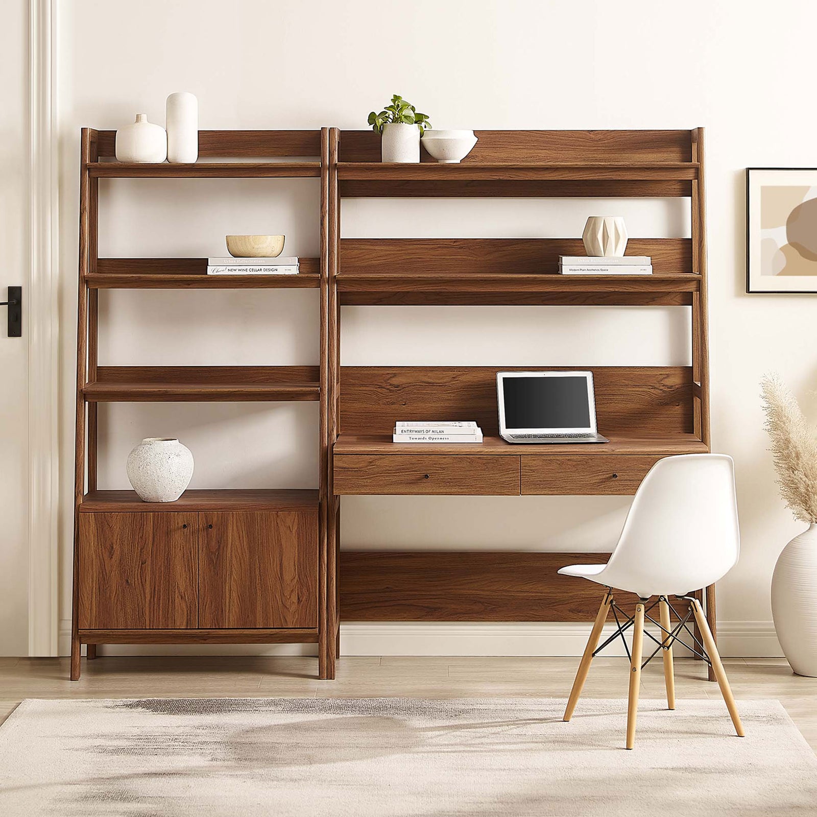 Spacious desk with matching bookshelf creates an organized home office with open storage and hidden cabinet. || EEI-6112-WAL || front_room