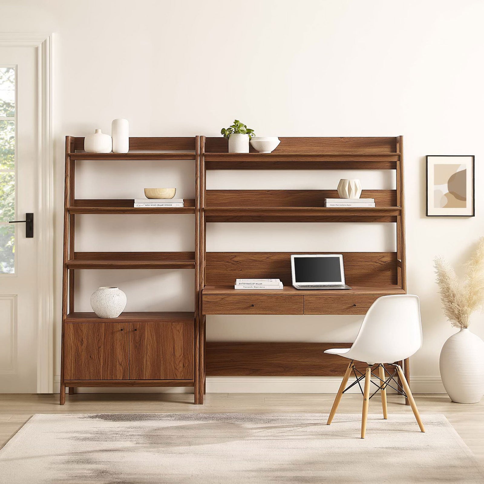 Modern tiered silhouette blends wood grain shelves with a roomy desk and full-extension drawers. || EEI-6112-WAL || front_angle_room