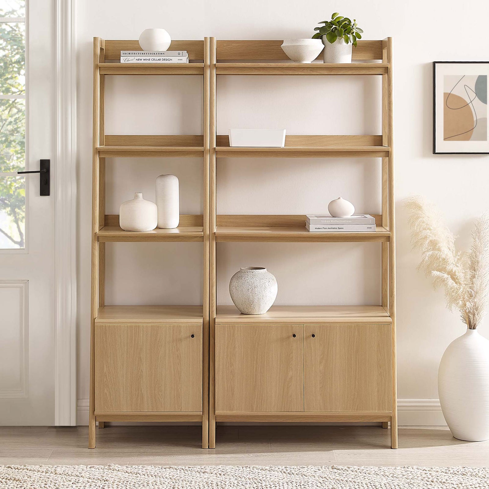 Warm oak finish brightens the room while open tiers showcase decor and lower doors hide clutter || EEI-6113-OAK || front_room
