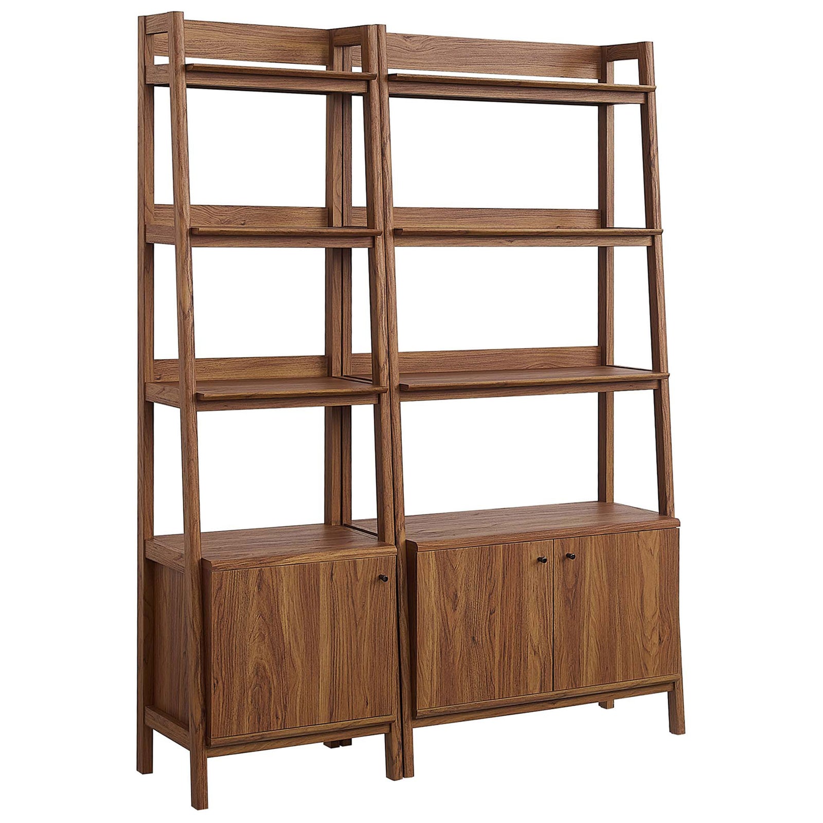 Tiered walnut bookcases with warm wood grain, open display shelves, and hidden storage at the base || EEI-6113-WAL || front_angle_studio