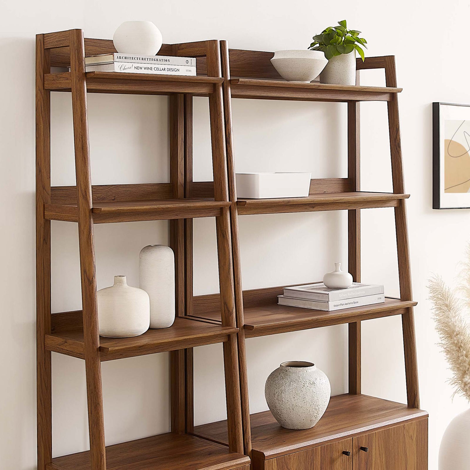Rich walnut wood grain and staggered shelf design highlight a refined, modern look || EEI-6113-WAL || detail_room