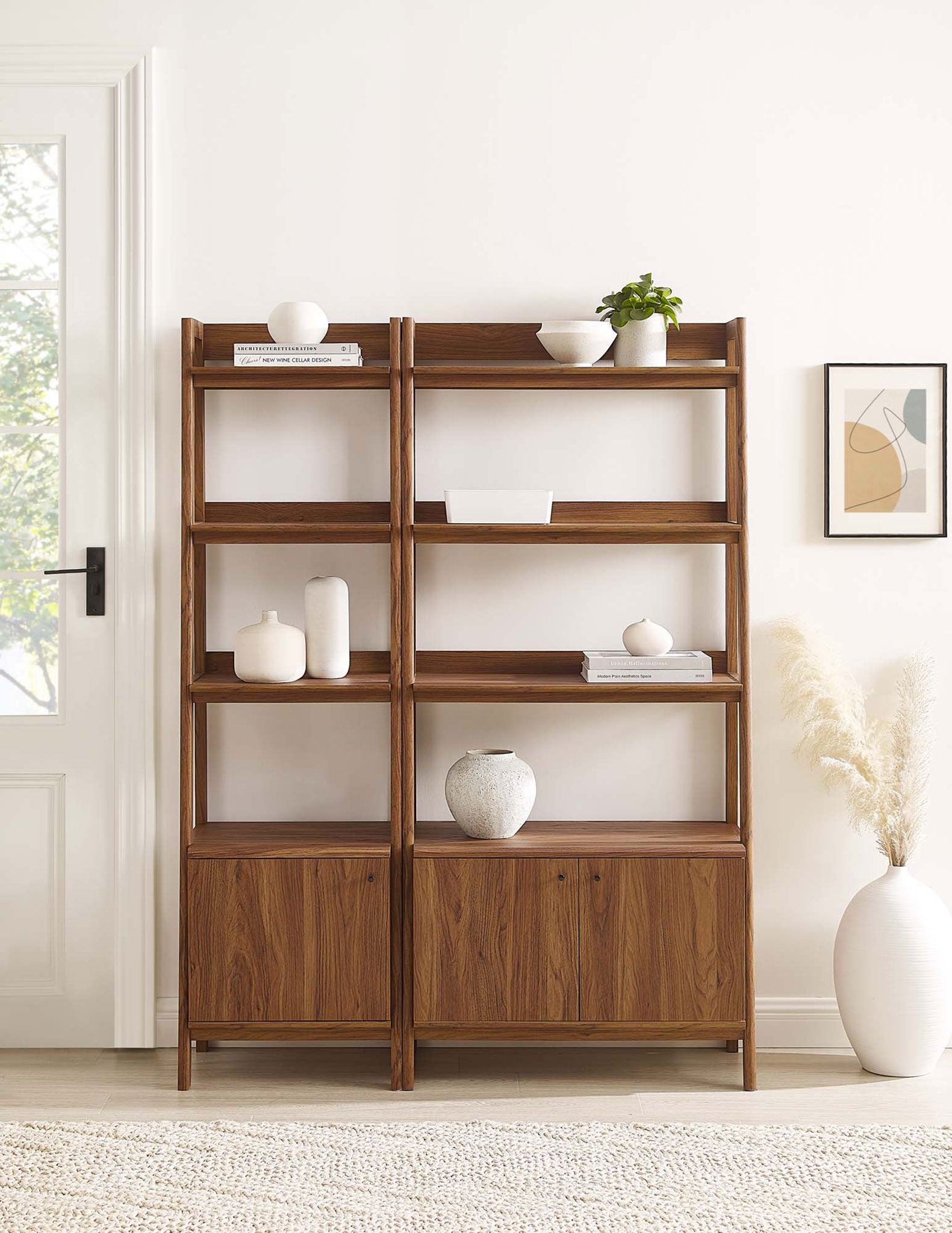 Sleek walnut shelves pair with cabinet doors below to balance open display and discreet storage || EEI-6113-WAL || front_room