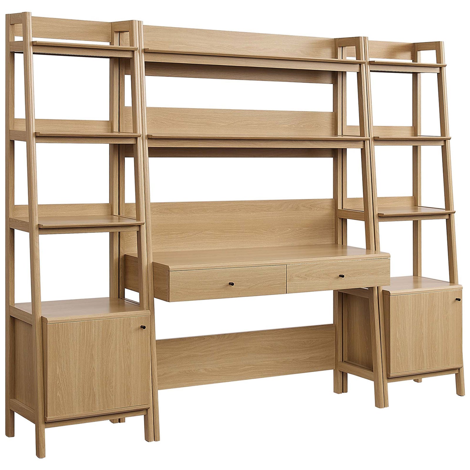 Oak workstation with twin ladder bookshelves, three shelves each, plus a desk with dual drawers || EEI-6114-OAK || front_angle_studio