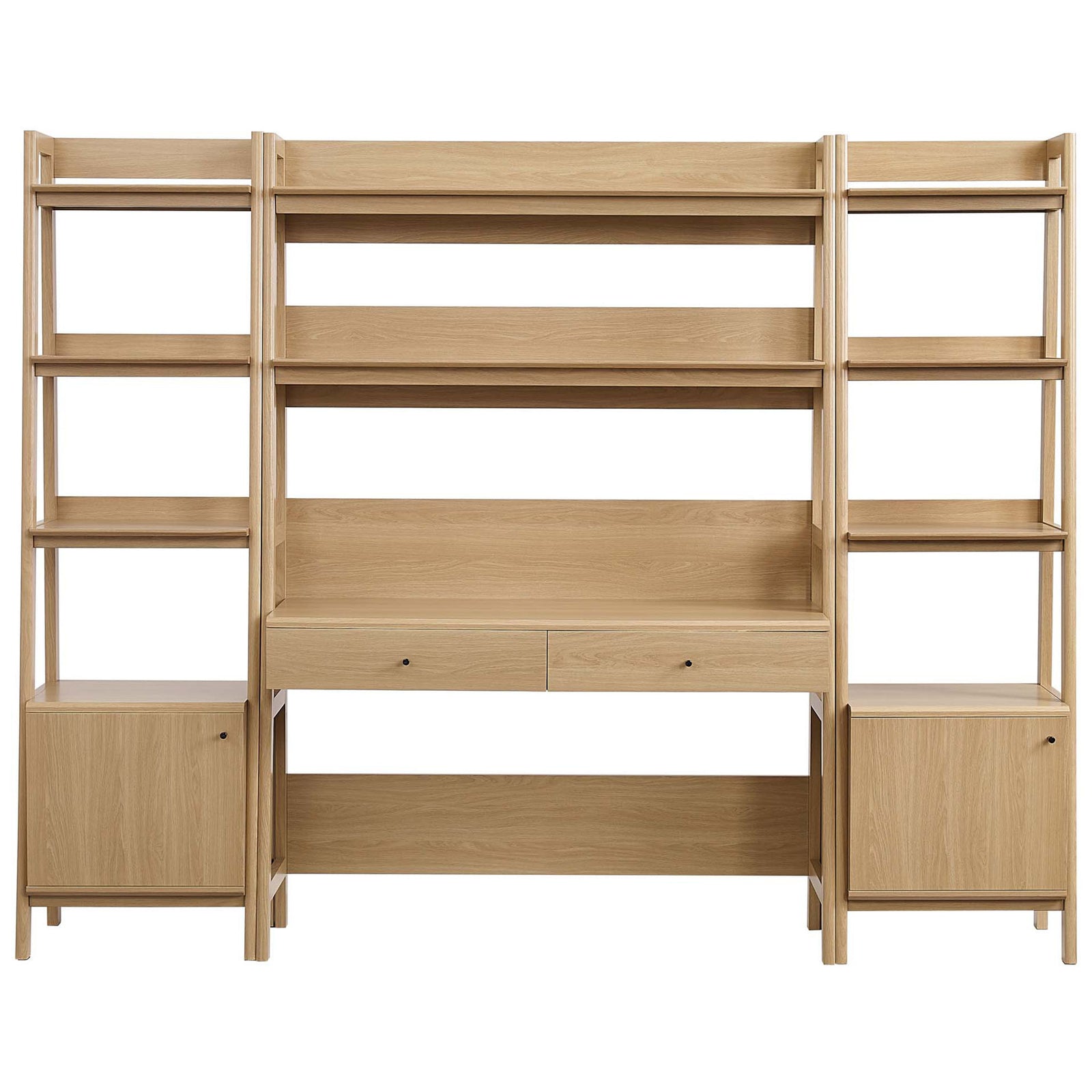 Three-piece oak desk and bookshelf set with wide shelves, dual drawers, and lower cabinets || EEI-6114-OAK || front_studio