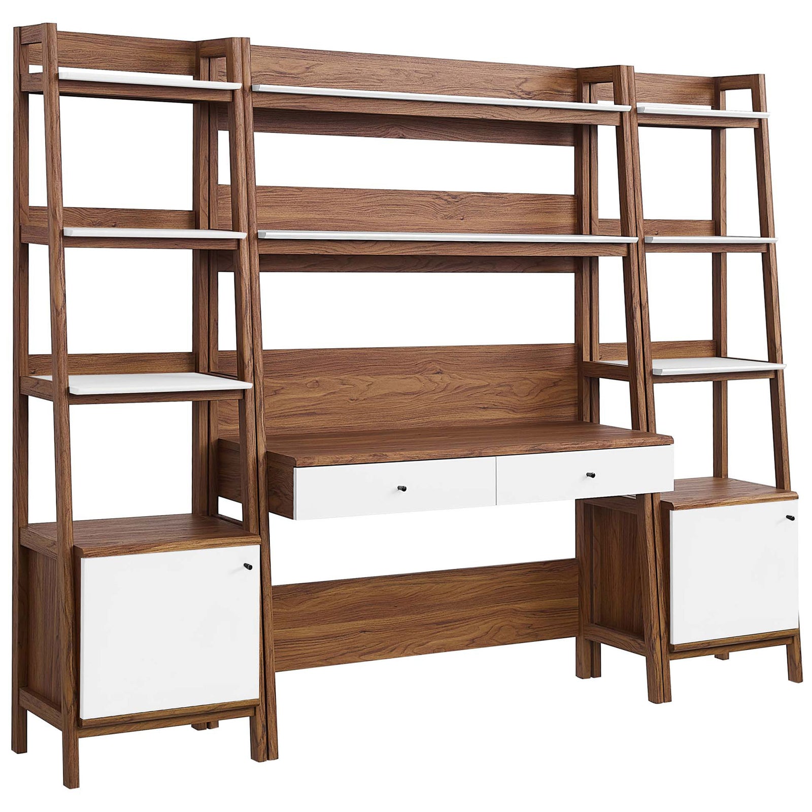Three-piece walnut and white desk wall unit with tiered open shelves, two drawers, and dual lower cabinets || EEI-6114-WAL-WHI || front_angle_studio