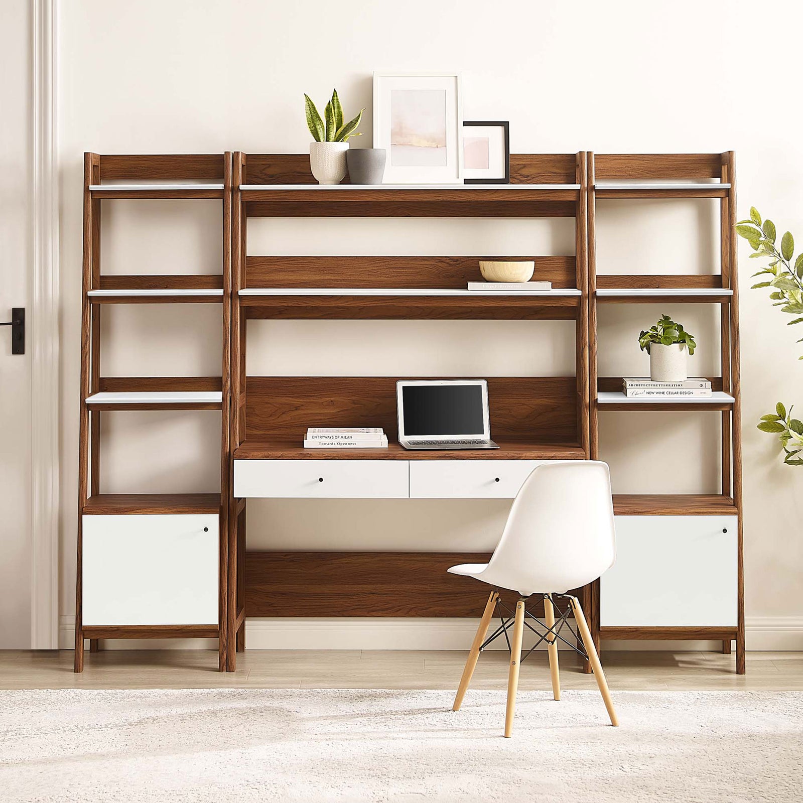 Modern walnut desk and shelving system with white cabinet doors, open shelves, and clean lines || EEI-6114-WAL-WHI || front_room
