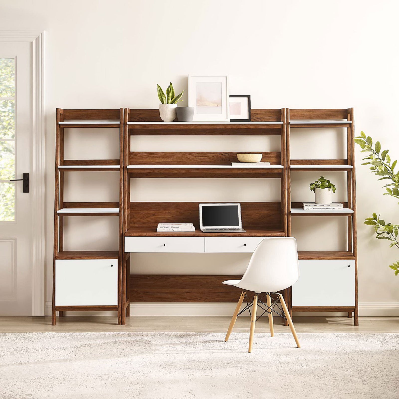 Expansive ladder bookcase and desk combo in walnut with sleek white accents and spacious storage || EEI-6114-WAL-WHI || front_room