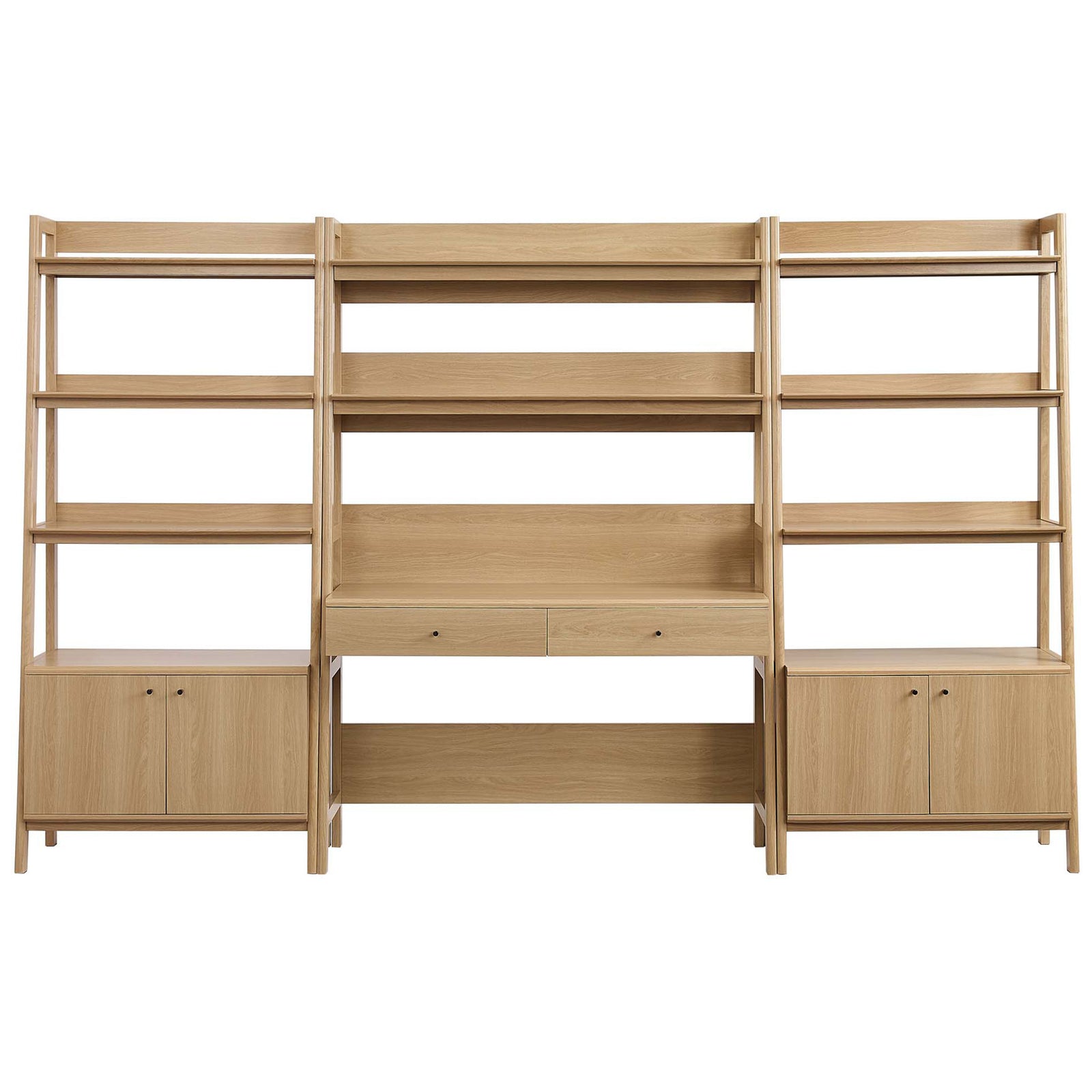 Oak-finished desk and twin ladder bookshelves with open tiers, dual drawers, and concealed base cabinets || EEI-6115-OAK || front_studio