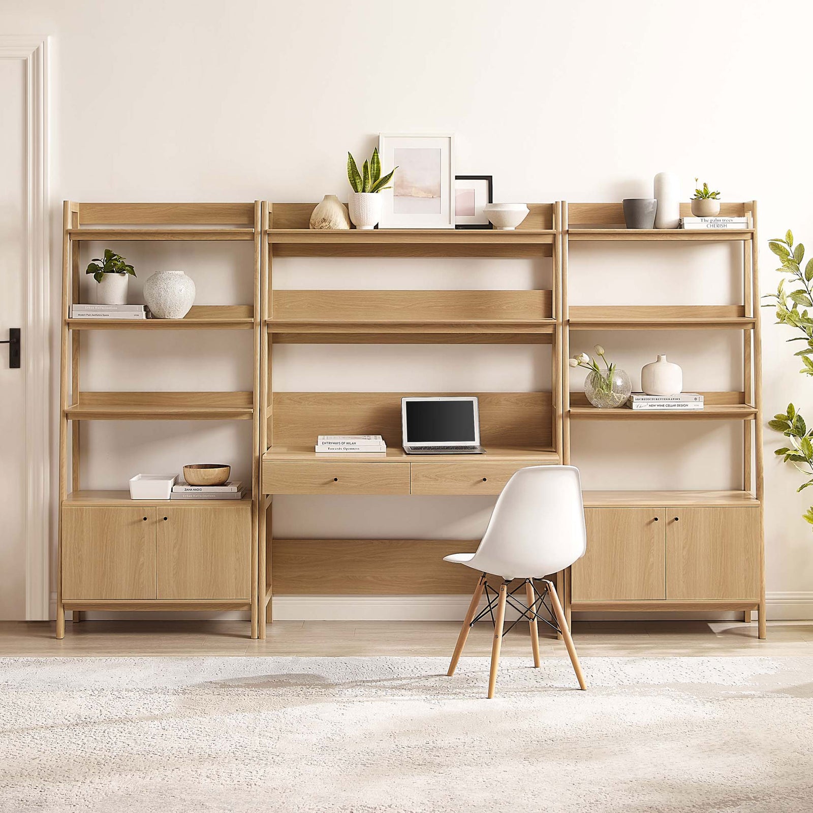 Modern workspace set with clean lines, generous shelving, and spacious cabinet storage in oak || EEI-6115-OAK || front_room