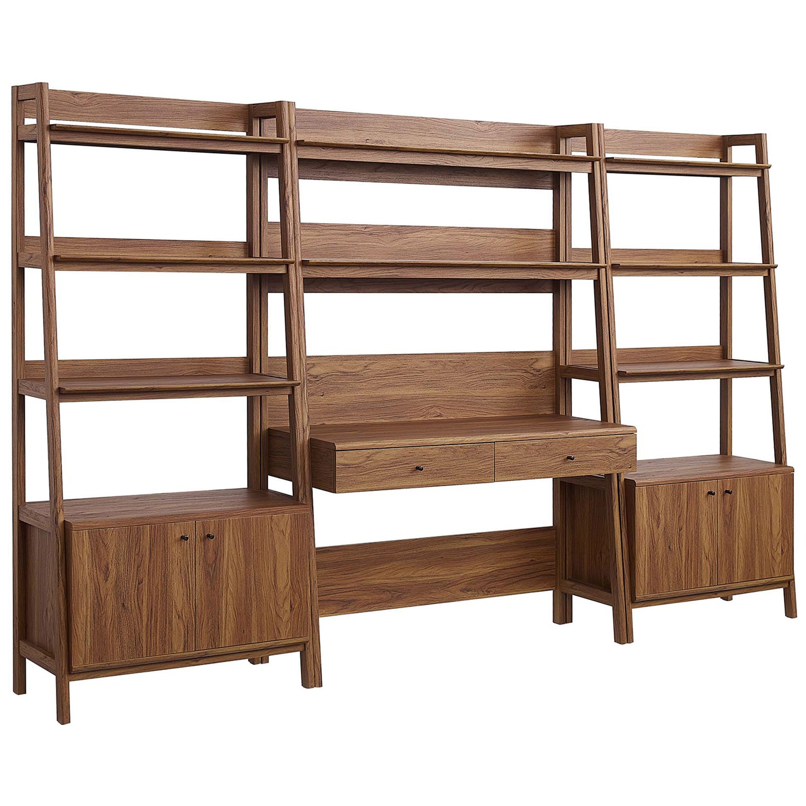 Walnut 3-piece office wall unit with ladder shelves, sleek desk, and dual base cabinets for hidden storage || EEI-6115-WAL || front_angle_studio