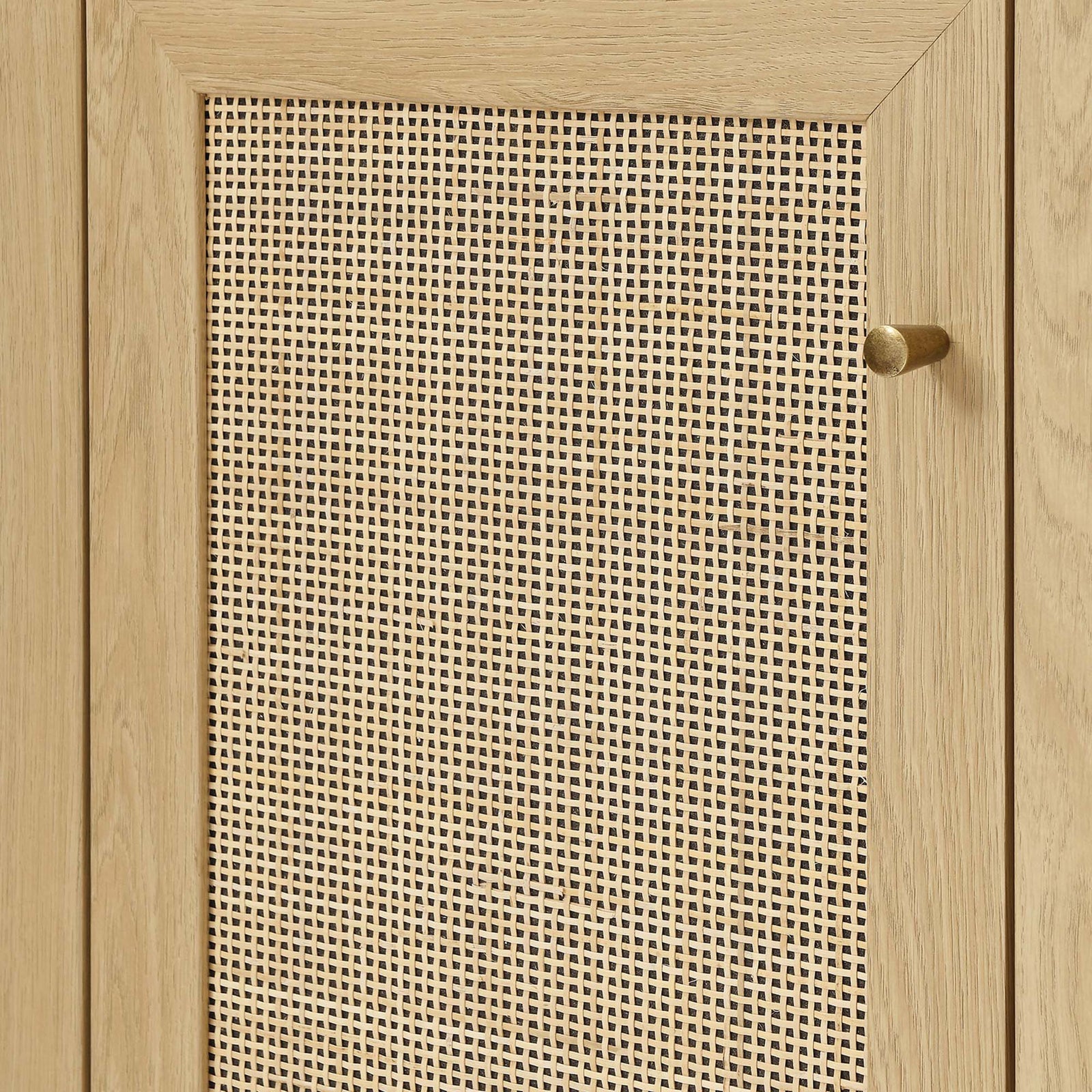 Textured rattan door panel with a round metal knob lends organic warmth and tactile interest || EEI-6116-OAK || storage_studio
