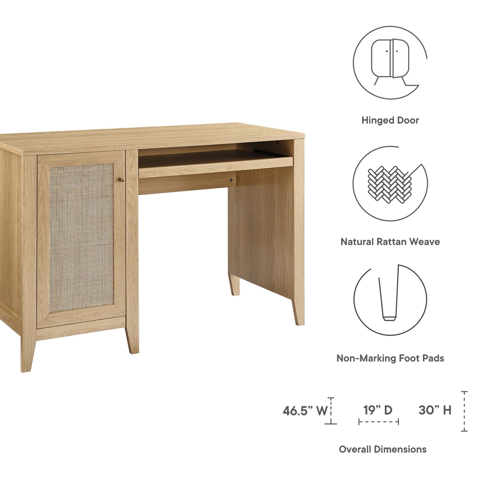 Key features and overall dimensions of the Soma rattan-door oak office desk || EEI-6116-OAK || dimension_studio