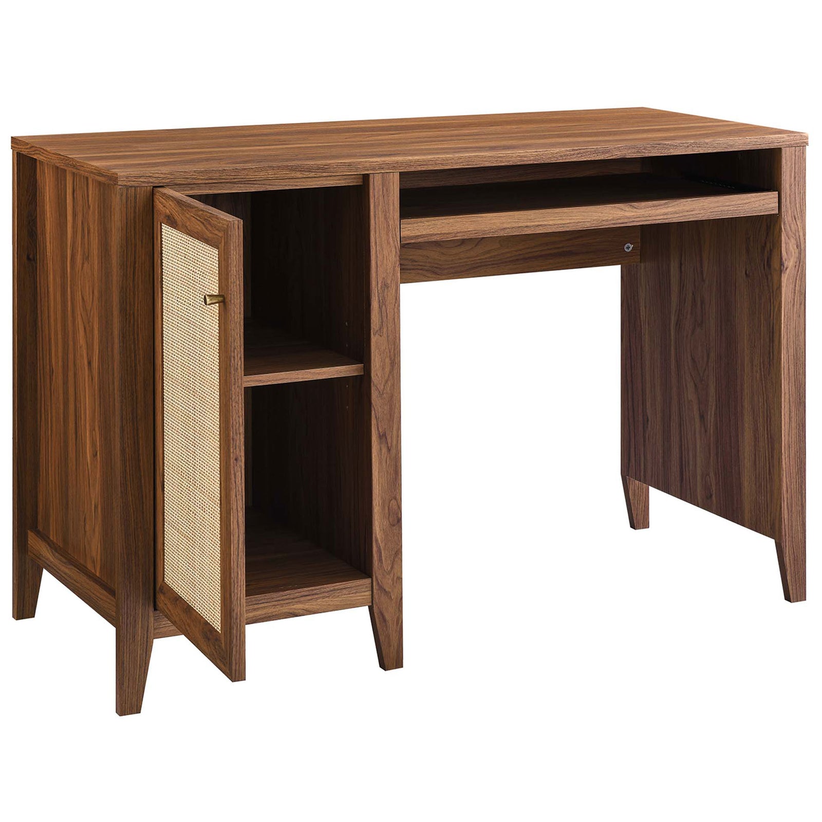 Concealed cabinet open to reveal two shelves beside the slide-out keyboard tray || EEI-6116-WAL || front_angle_open_studio