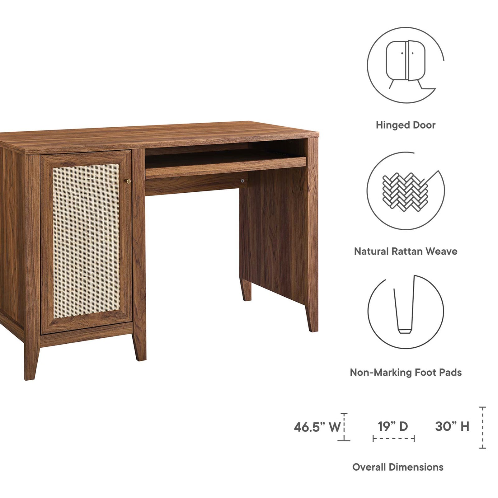 Hinged door, natural rattan weave, non-marking foot pads, and overall dimensions || EEI-6116-WAL || dimension_studio