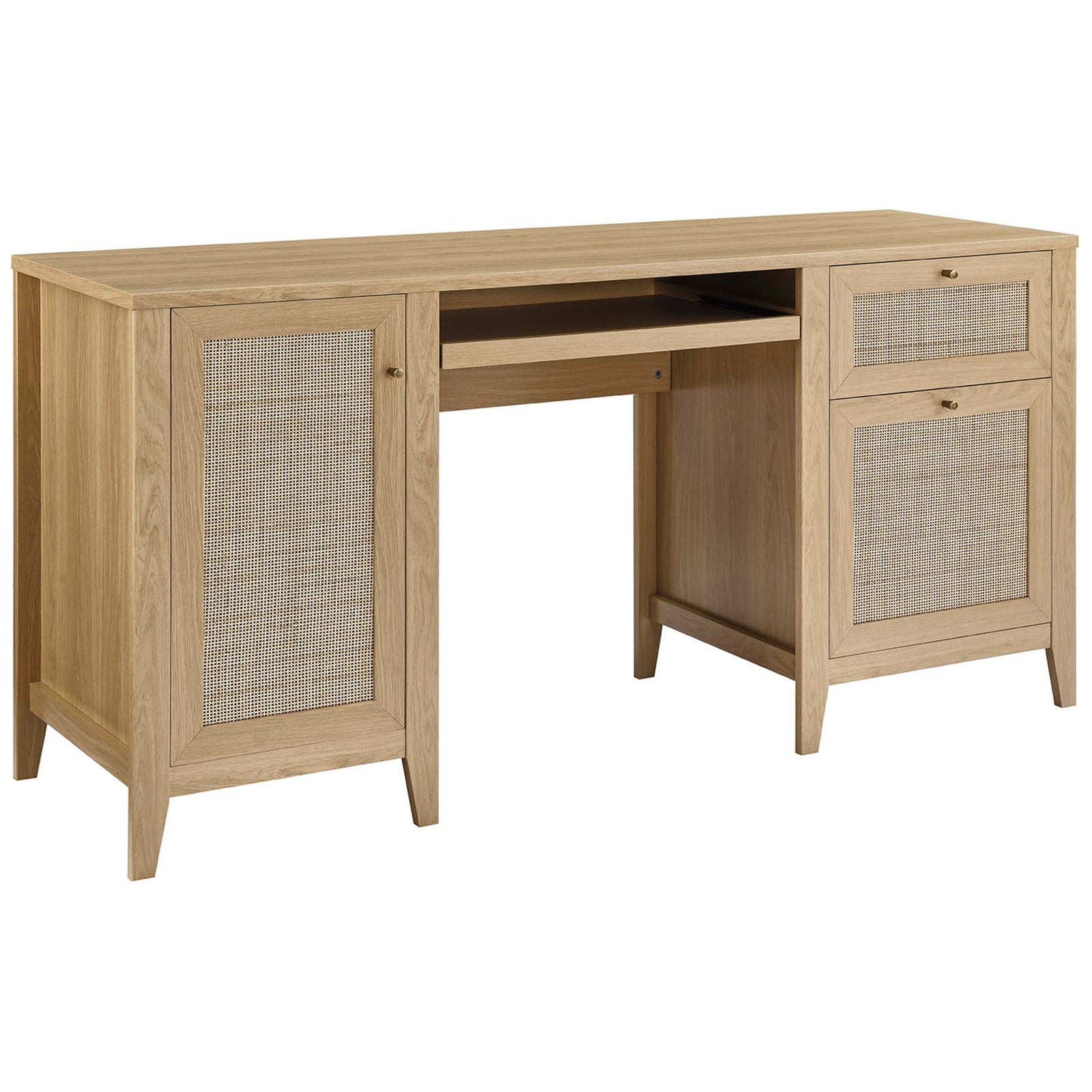 Natural oak desk featuring woven rattan doors, two drawers, and a slide-out keyboard tray || EEI-6117-OAK || front_angle_studio