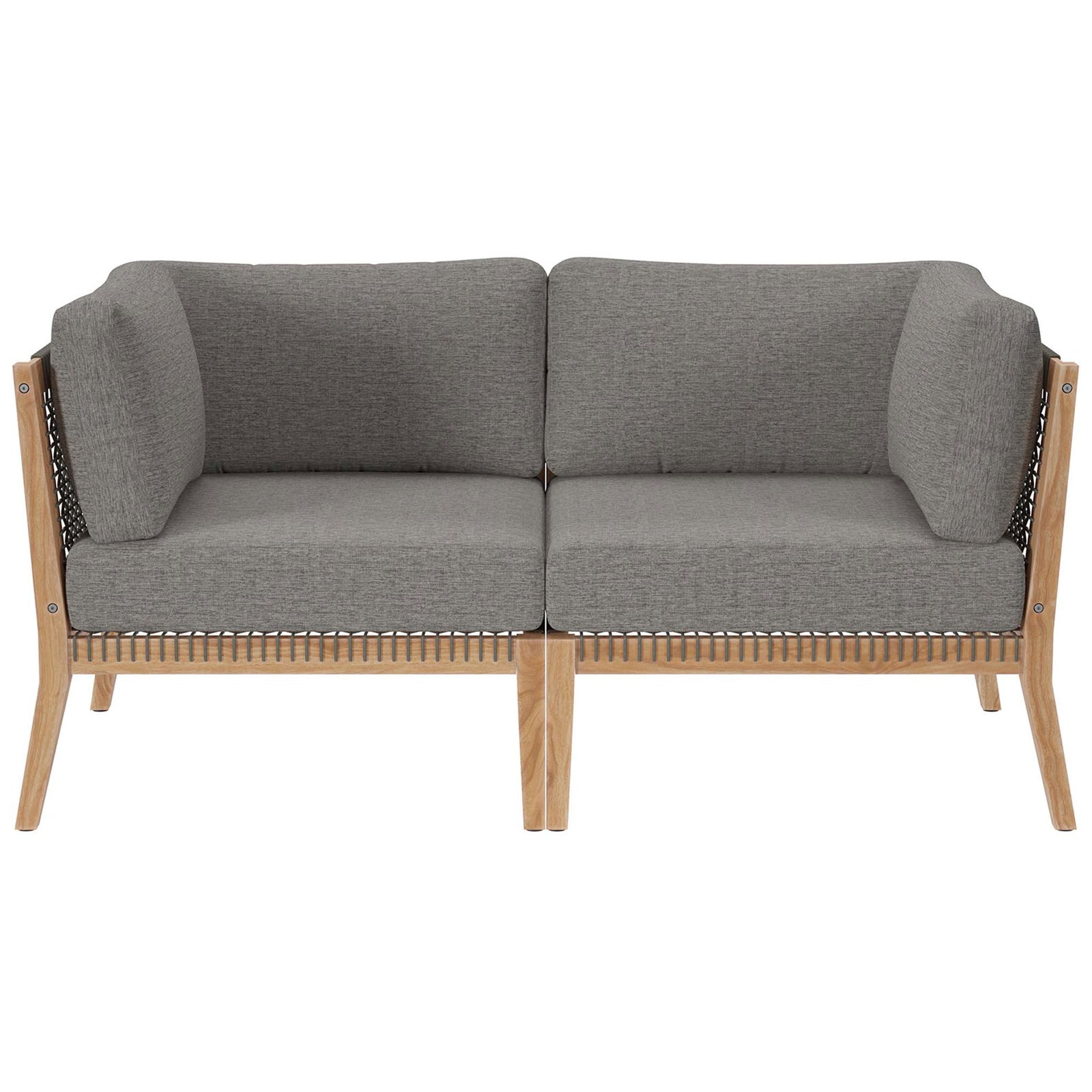 Teak outdoor loveseat with gray graphite cushions and woven rope sides for breezy comfort || EEI-6119-GRY-GPH || front_studio