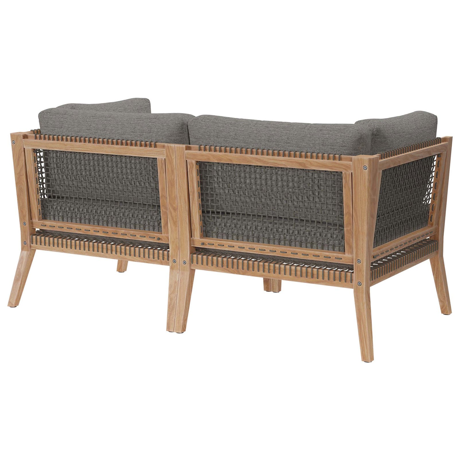 Teak loveseat with gray graphite cushions highlighting the woven rope backrest and slim legs || EEI-6119-GRY-GPH || back_angle_studio