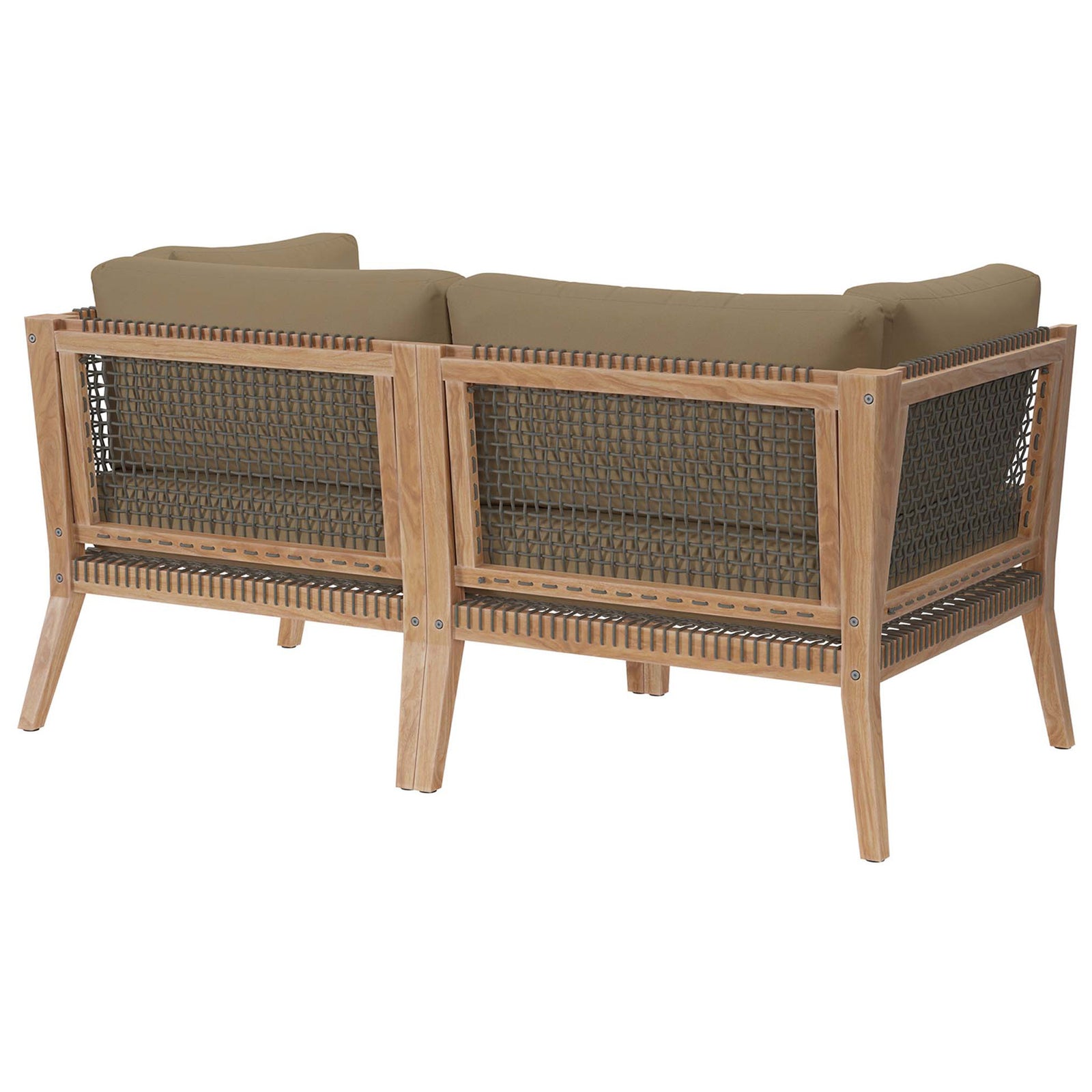 Teak loveseat with light brown cushions highlighting the woven rope backrest and slim legs || EEI-6119-GRY-LBR || back_angle_studio