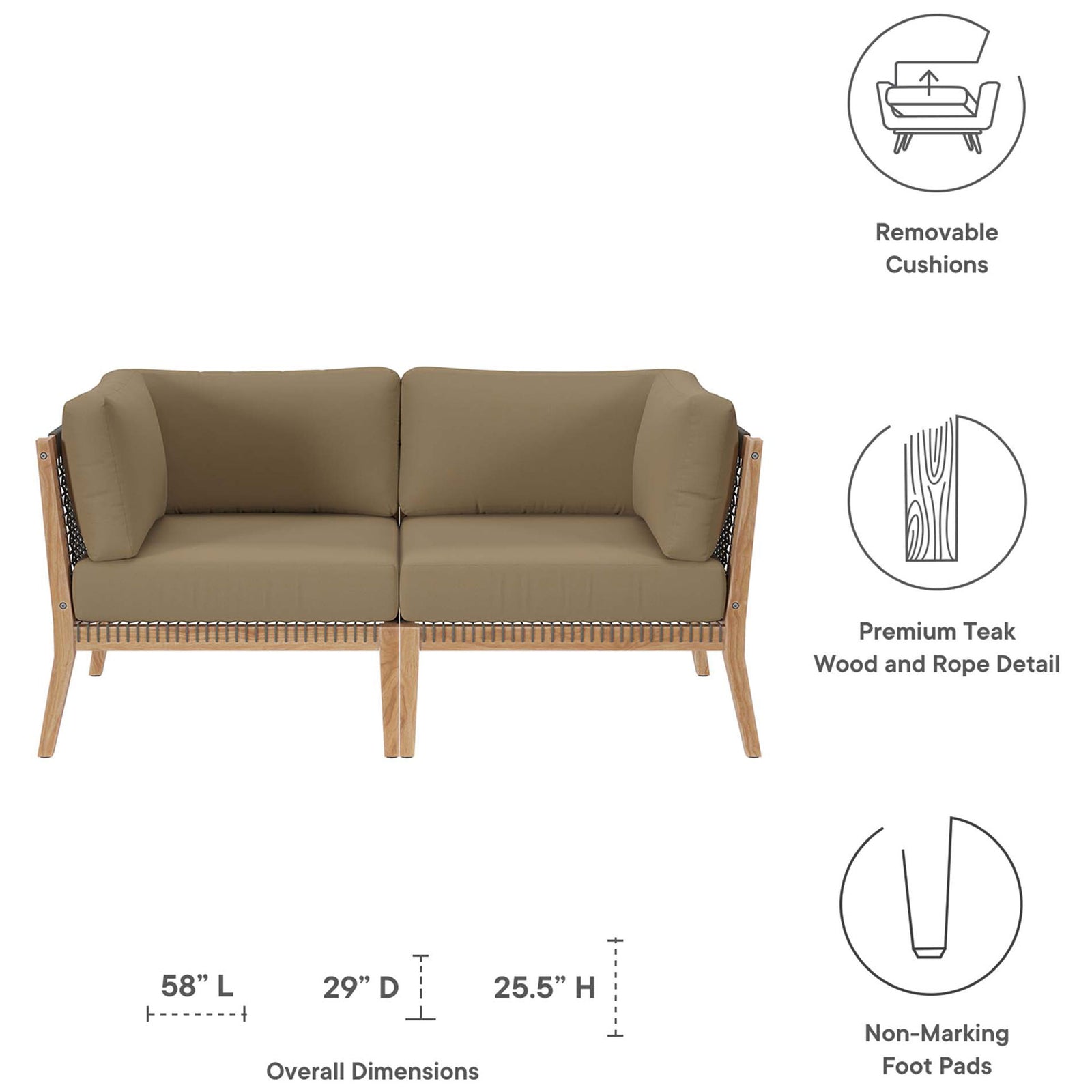 Dimensions and feature callouts for the Clearwater teak loveseat with light brown cushions || EEI-6119-GRY-LBR || dimension_studio
