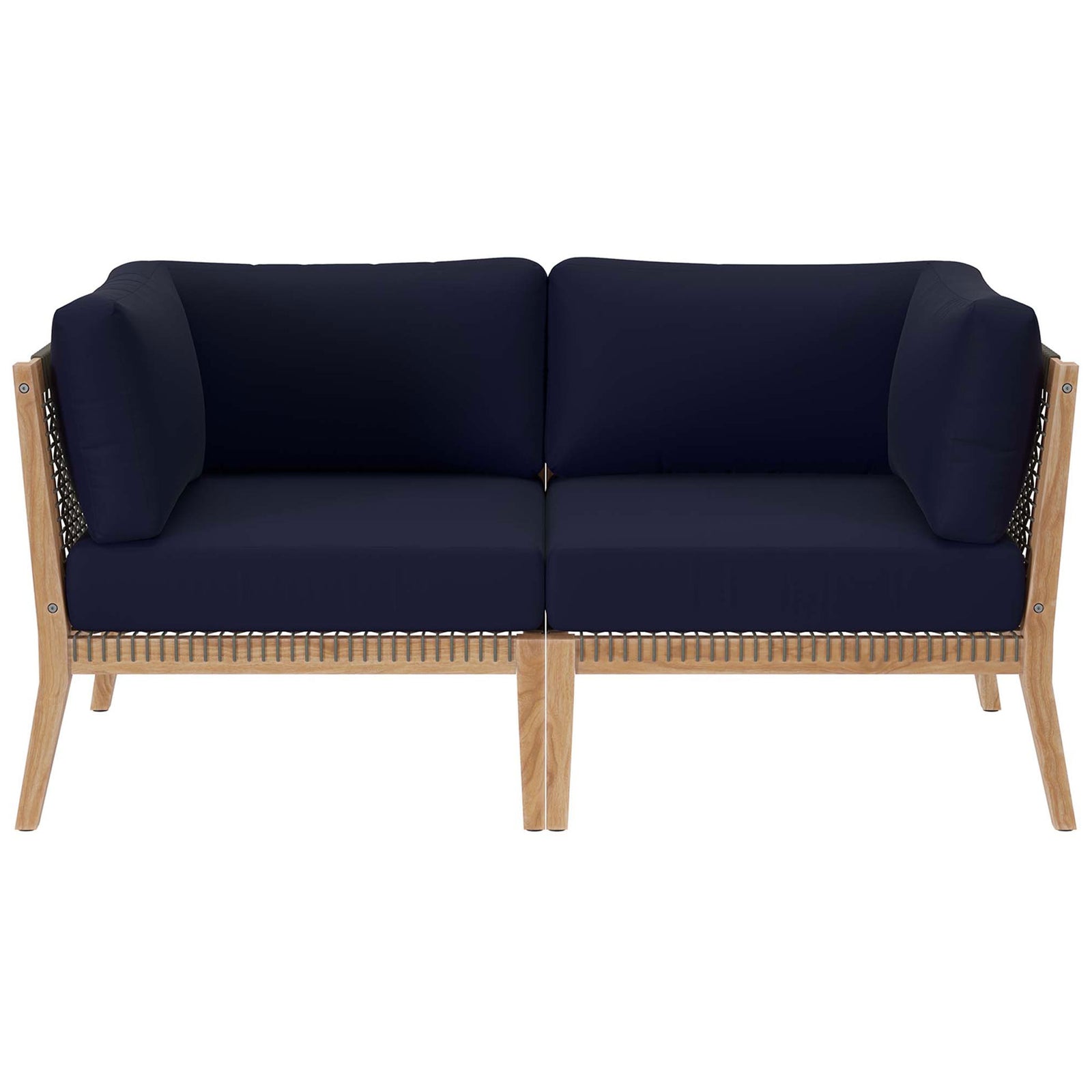Teak outdoor loveseat with navy blue cushions and woven rope sides for breezy comfort || EEI-6119-GRY-NAV || front_studio