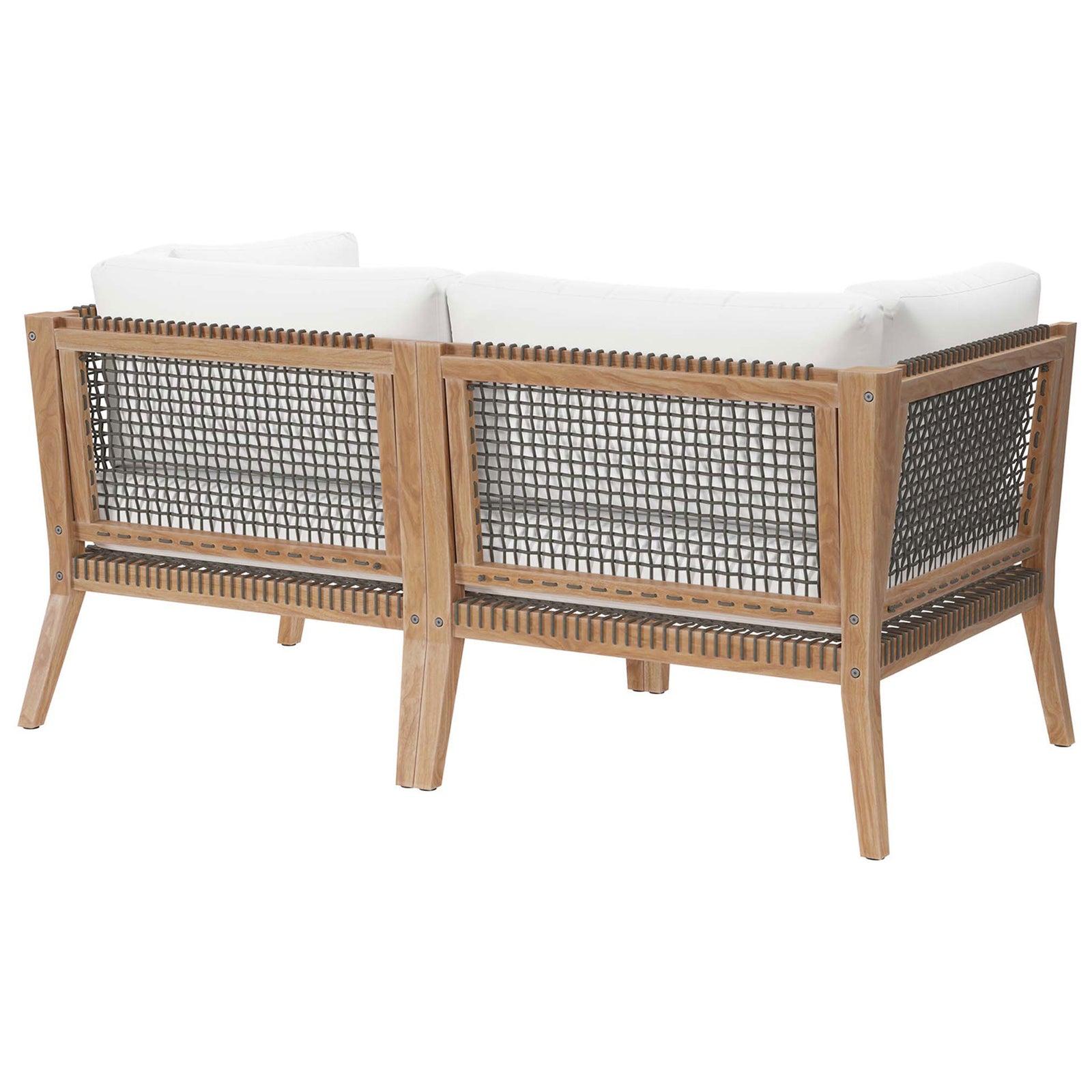 Teak loveseat with white cushions highlighting the woven rope backrest and slim legs || EEI-6119-GRY-WHI || back_angle_studio