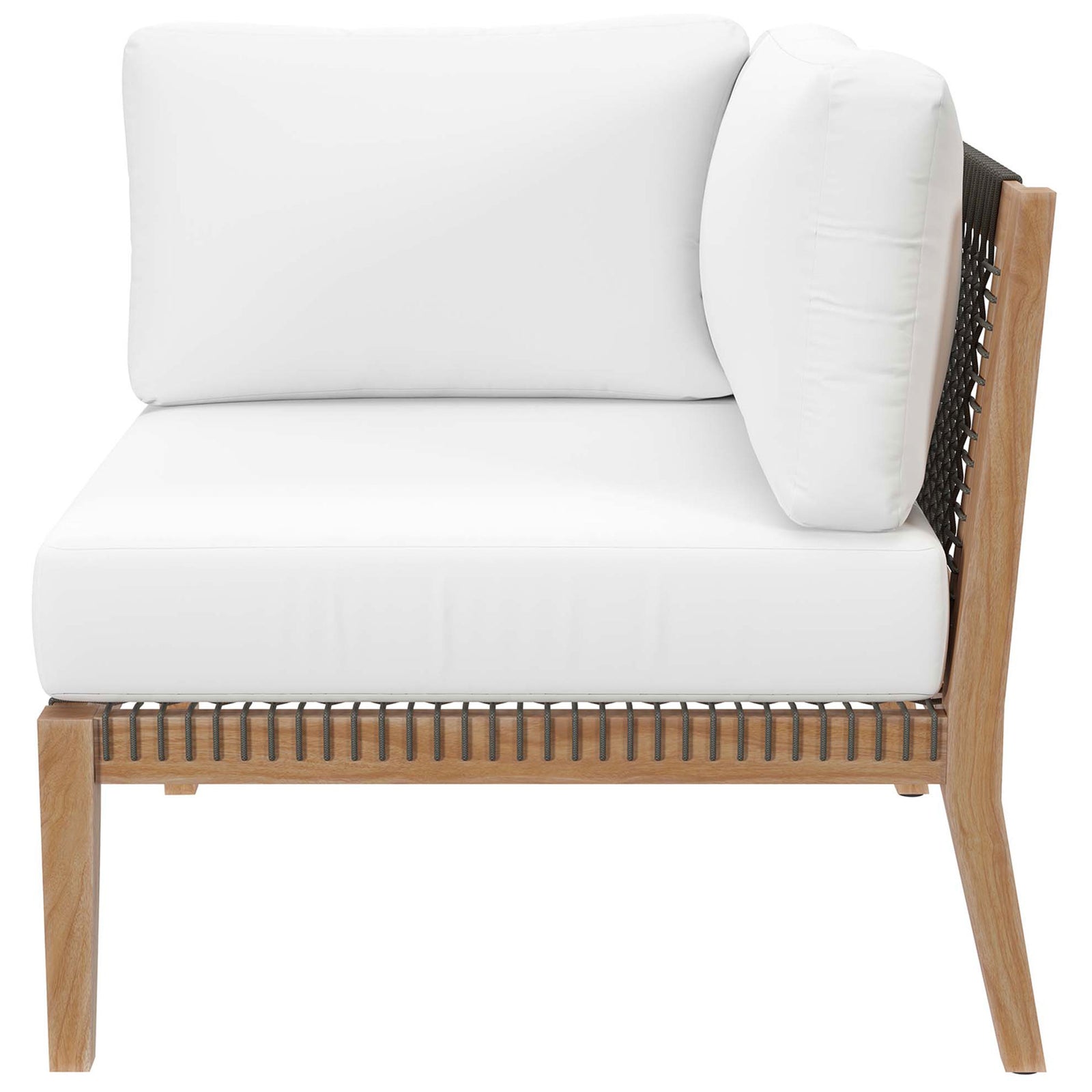 Corner chair featuring thick white cushions and airy woven rope detail along the side || EEI-6119-GRY-WHI || side_partial_studio