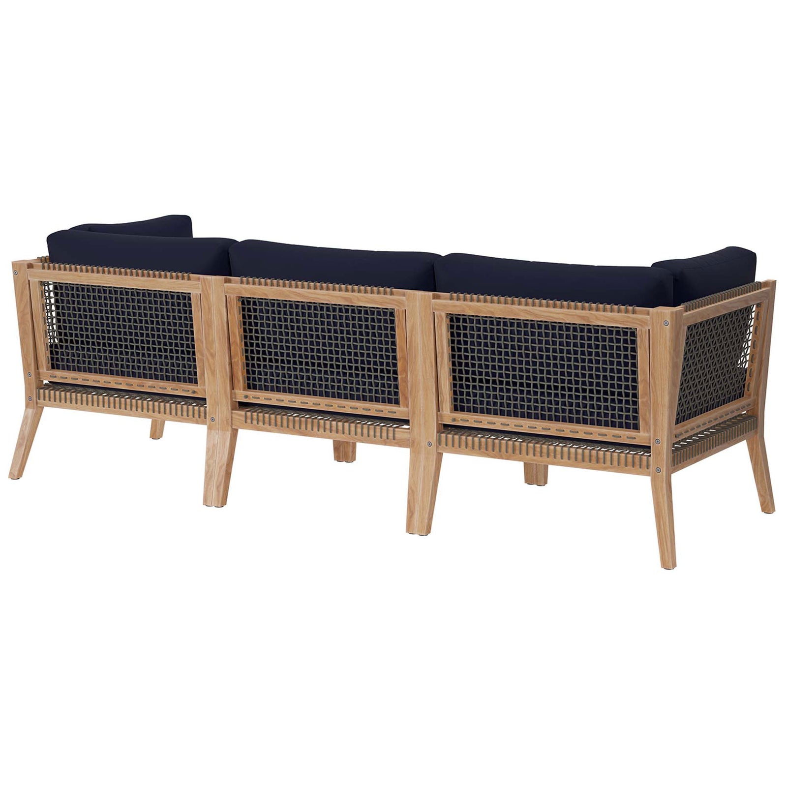 Teak outdoor sofa back with woven rope webbing and navy blue cushions || EEI-6120-GRY-NAV || back_angle_studio