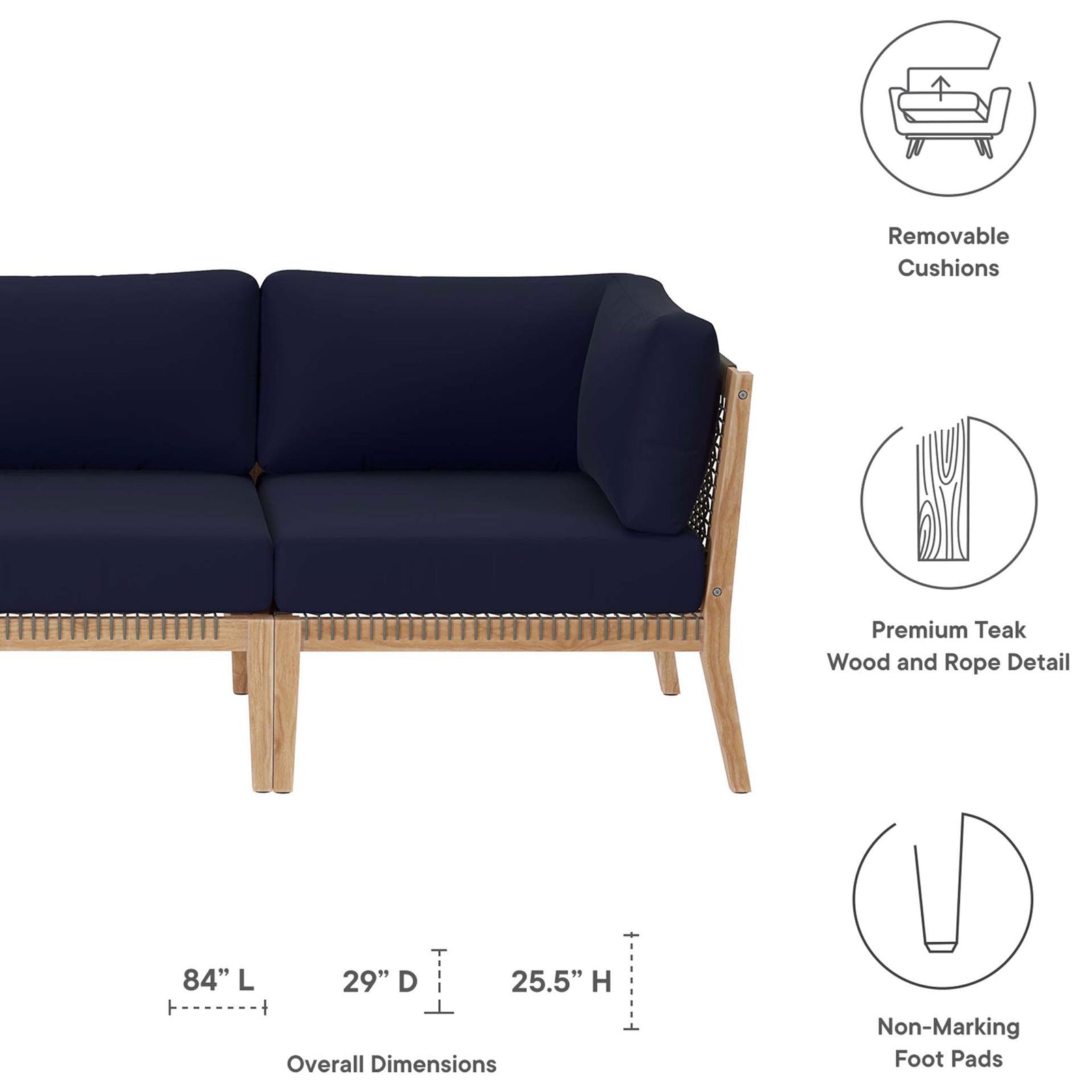 Feature graphic highlighting removable navy blue cushions, teak rope detail, and sofa dimensions || EEI-6120-GRY-NAV || dimension_studio