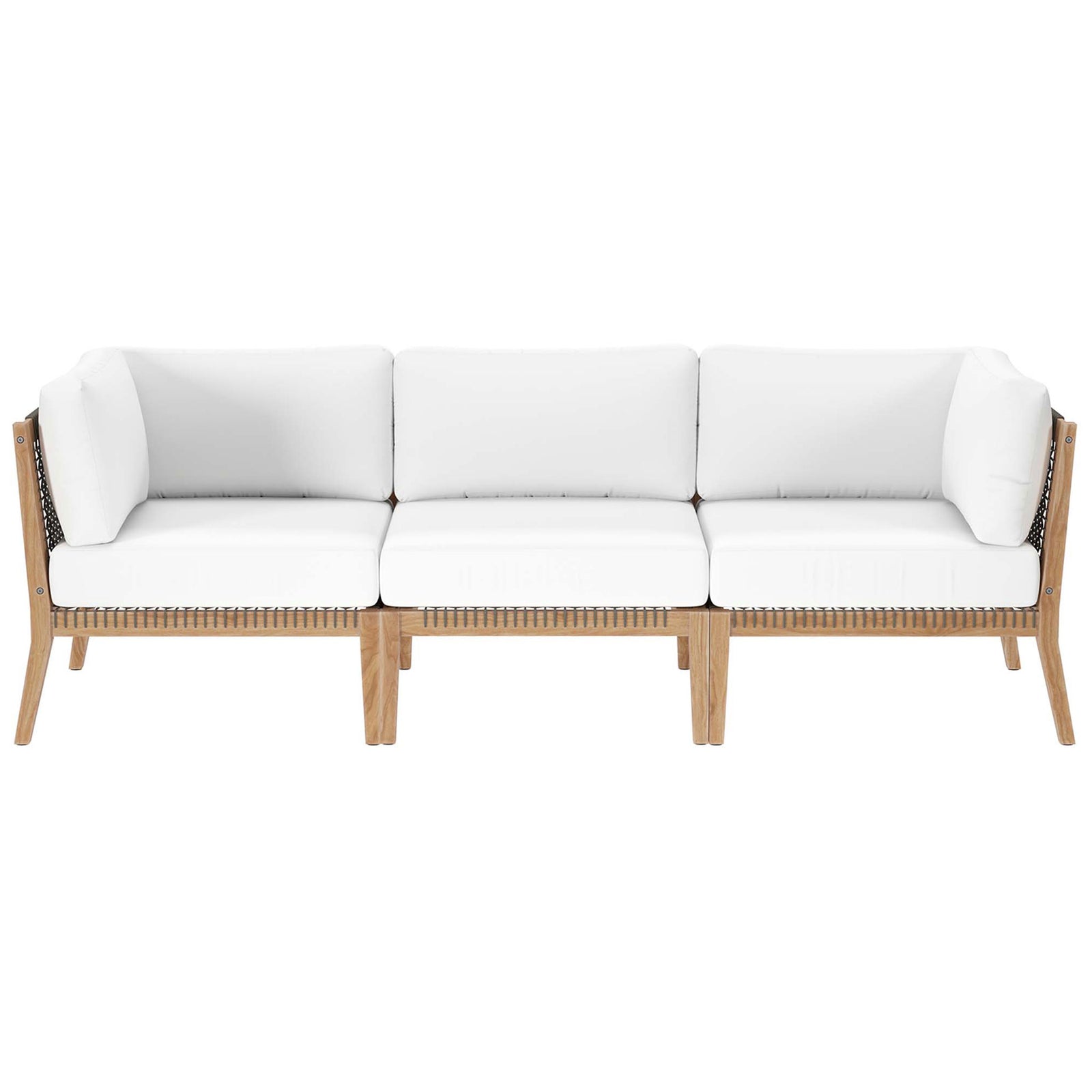 White outdoor sofa with three thick cushions on teak wood and rope frame || EEI-6120-GRY-WHI || front_studio