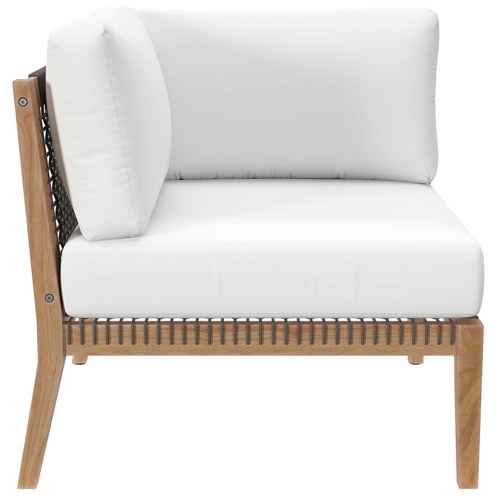 Opposite side of white corner chair with open rope backrest || EEI-6120-GRY-WHI || front_partial_studio