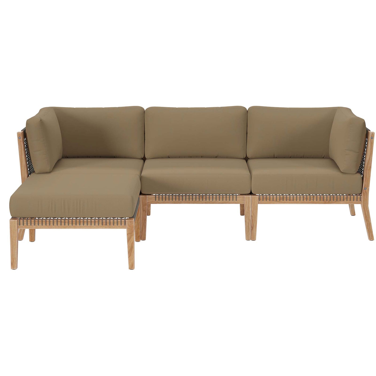 Light brown outdoor teak sectional sofa with rope accents and left chaise lounge || EEI-6121-GRY-LBR || front_studio
