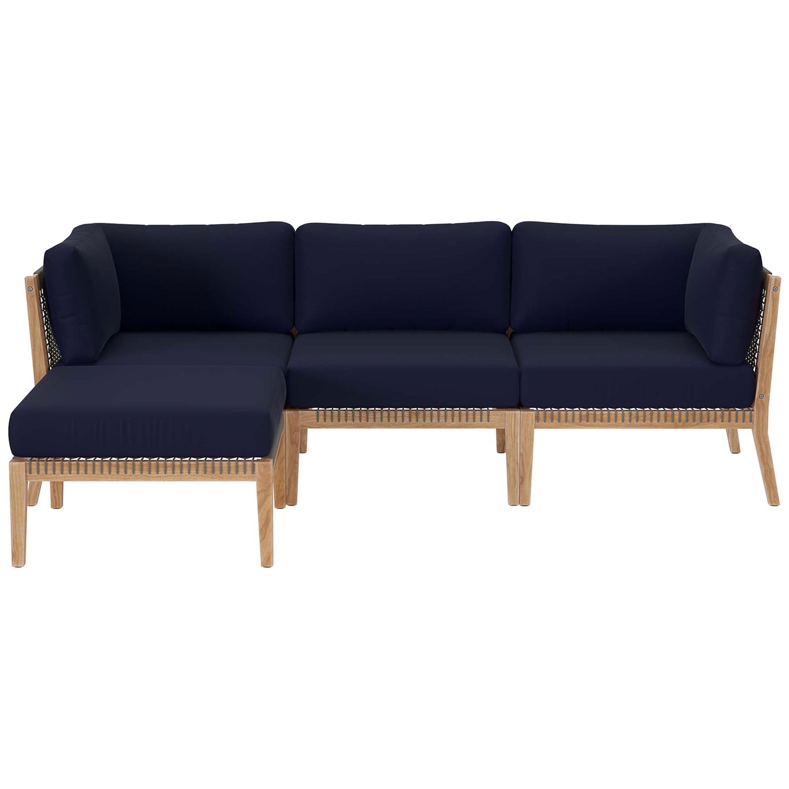 Navy blue outdoor teak sectional sofa with rope accents and left chaise lounge || EEI-6121-GRY-NAV || front_studio