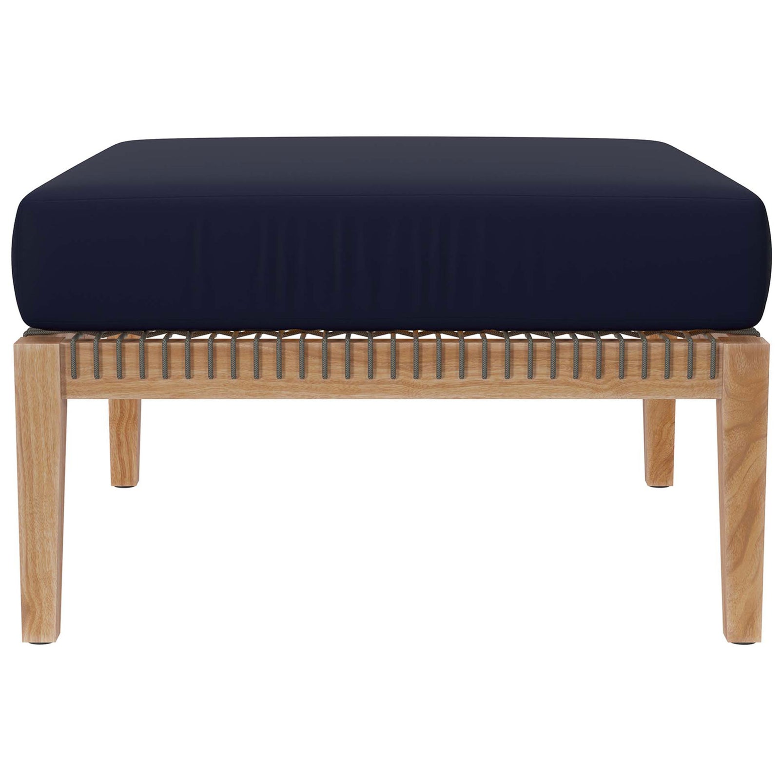 Navy blue outdoor ottoman with thick cushion, warm teak legs, and rope trim || EEI-6121-GRY-NAV || front_partial_studio