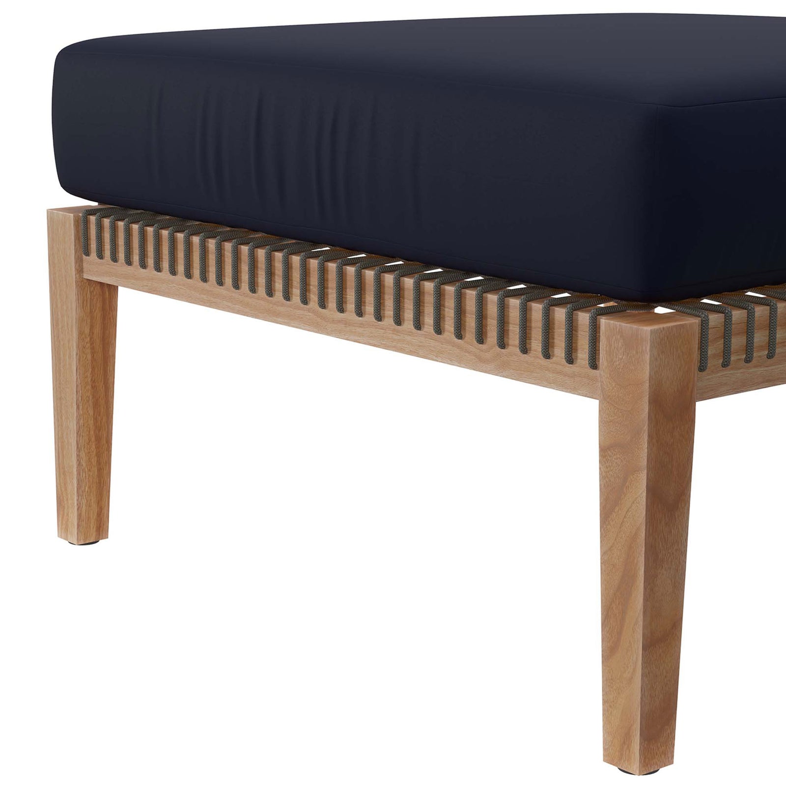 Close-up of teak leg and rope lattice supporting the navy blue seat cushion || EEI-6121-GRY-NAV || leg_studio