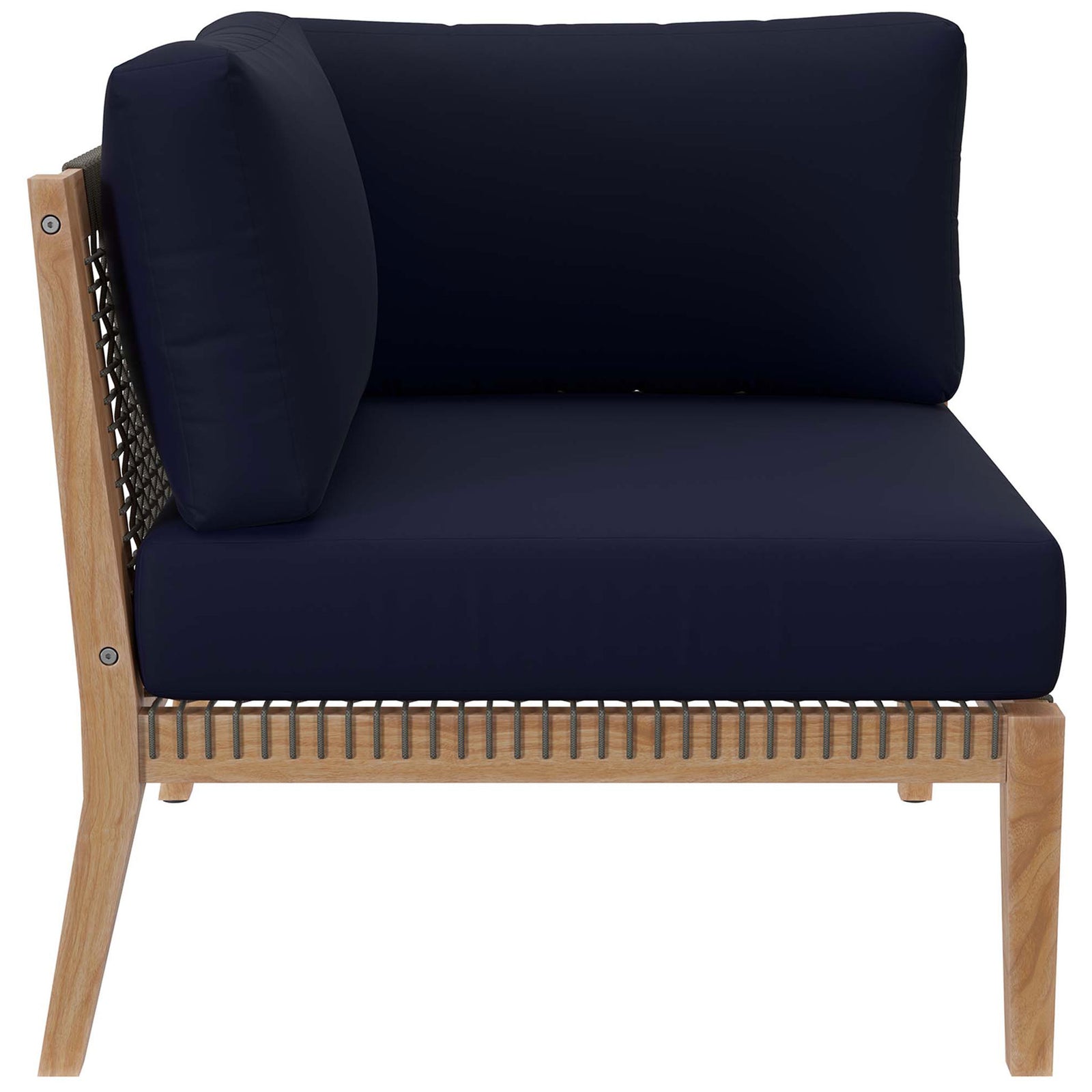 Navy blue corner patio chair with supportive rope panel and teak frame || EEI-6121-GRY-NAV || front_partial_studio