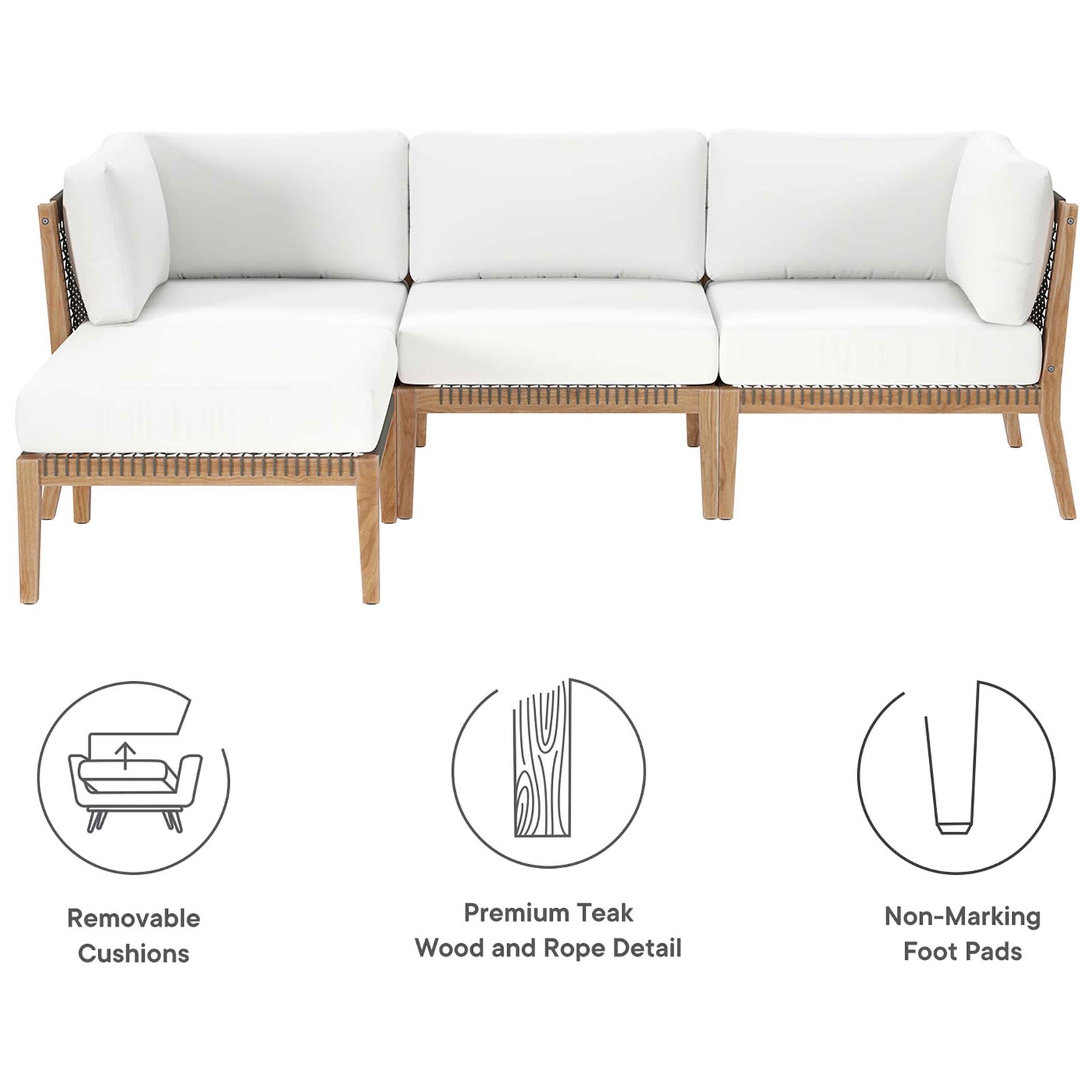 White teak patio sectional with removable cushions, premium wood, and non-marking foot pads || EEI-6121-GRY-WHI || callout_studio