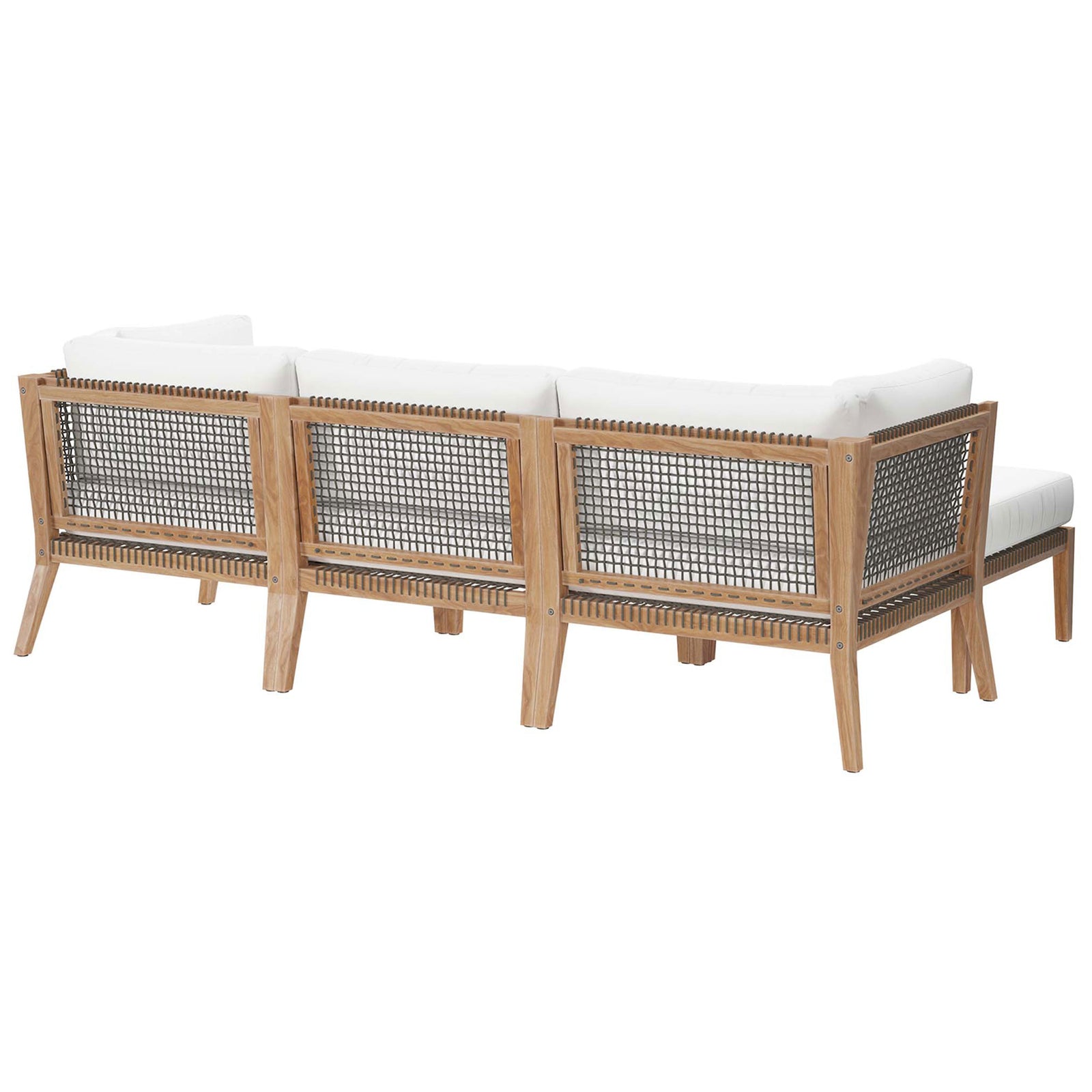 White patio sectional with woven rope back and sturdy teak frame || EEI-6121-GRY-WHI || back_studio