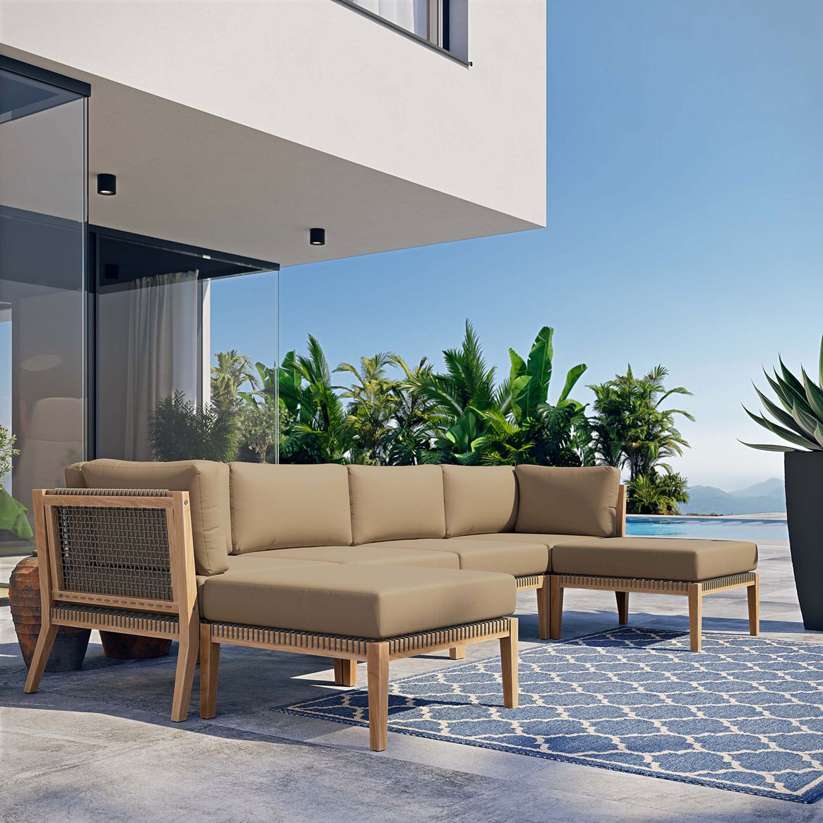 Light brown outdoor teak sectional creating a cozy lounge area on a sunlit poolside terrace || EEI-6122-GRY-LBR || front_angle_room